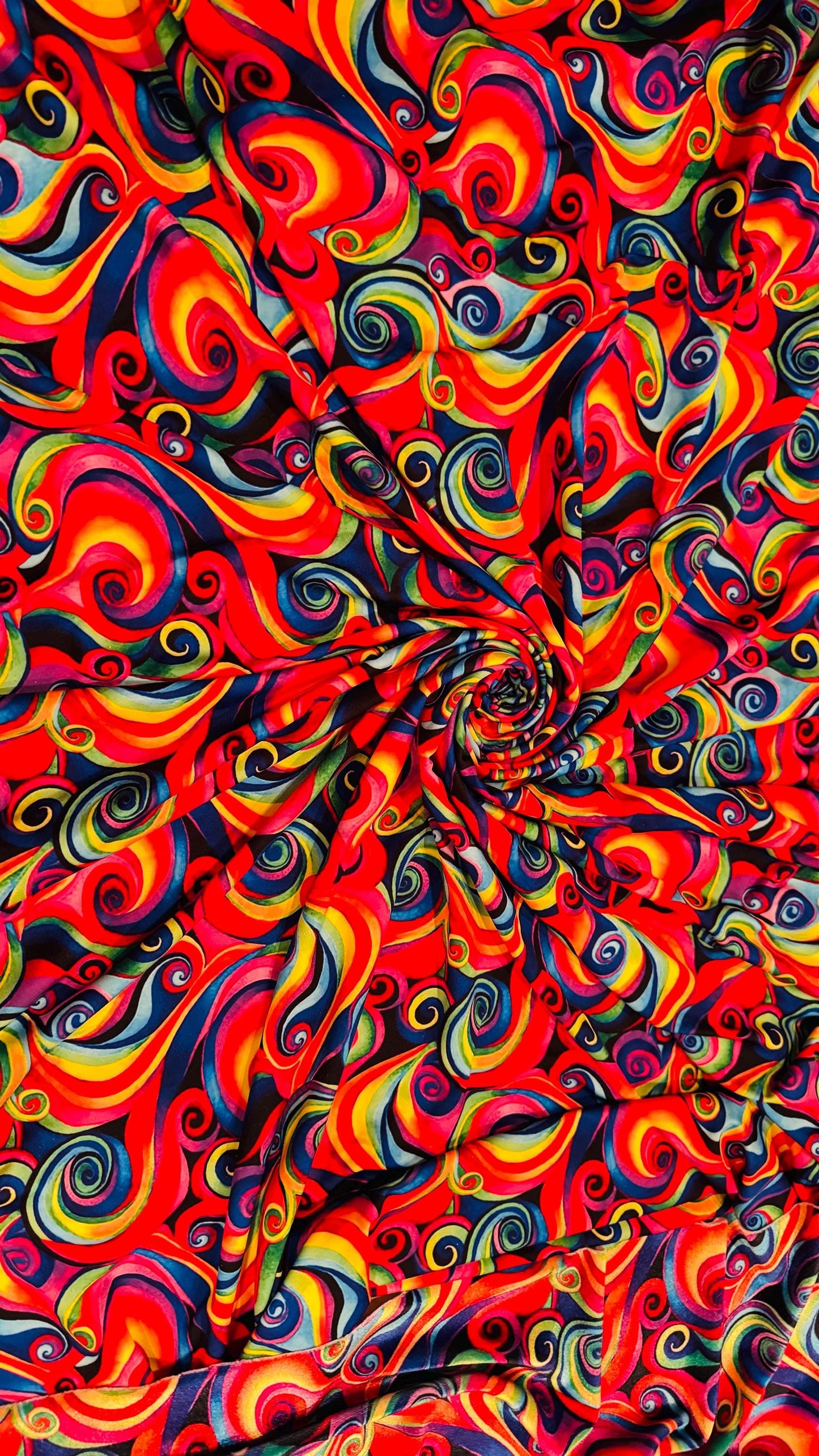 Modern abstract Paisley design multicolor heavy stretch velvet 4-way 58/60” Sold by the YD. Ships worldwide from Los Angeles California USA.