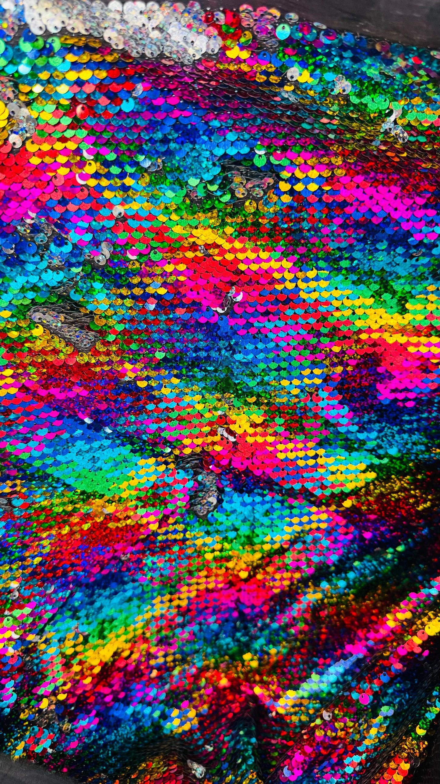 New Rainbow Geometric sequins mermaid reversible sequins rainbow/silver on non stretch base 58/60" Sold by the YD. Ships Worldwide from LA