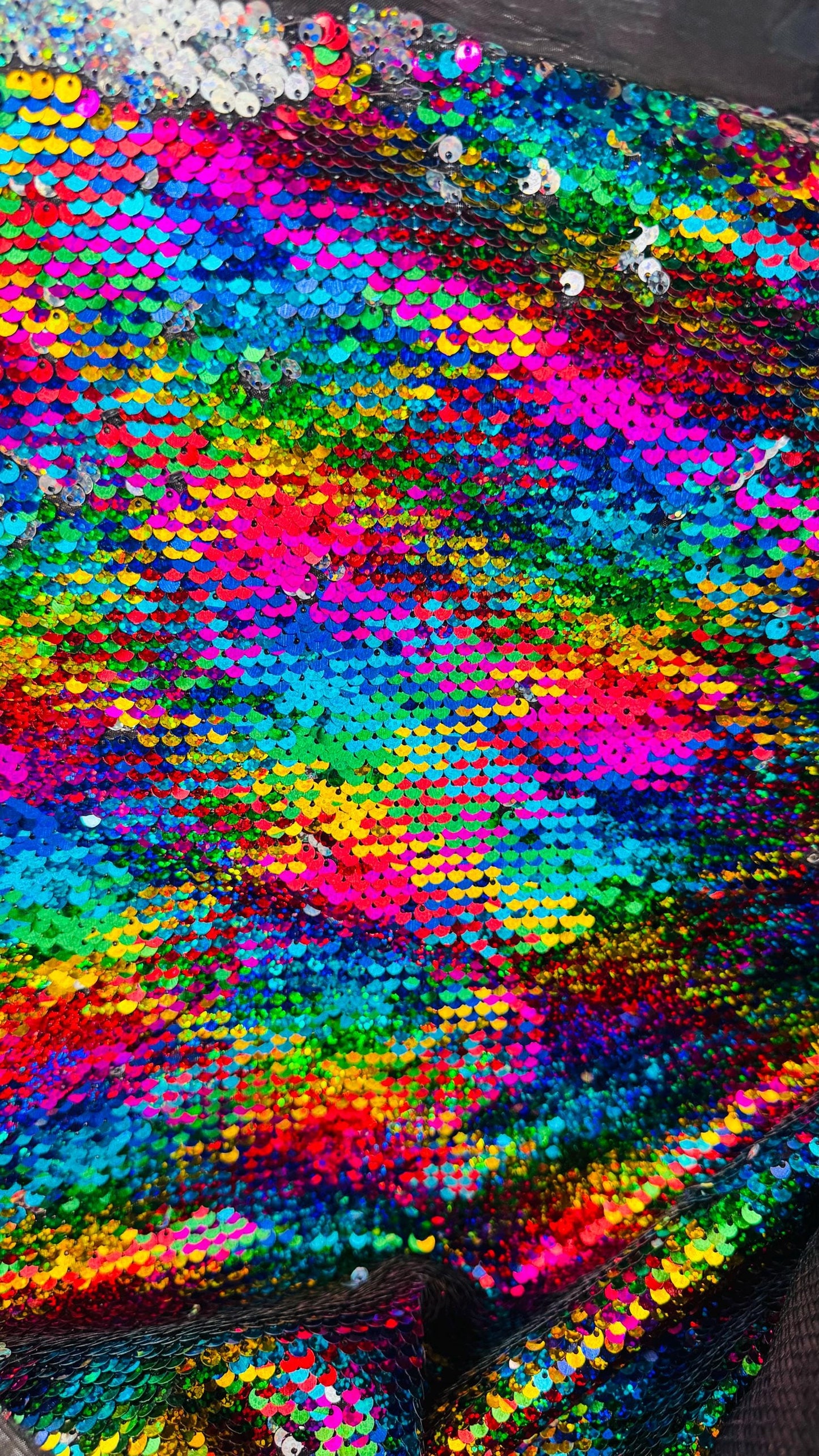 New Rainbow Geometric sequins mermaid reversible sequins rainbow/silver on non stretch base 58/60" Sold by the YD. Ships Worldwide from LA