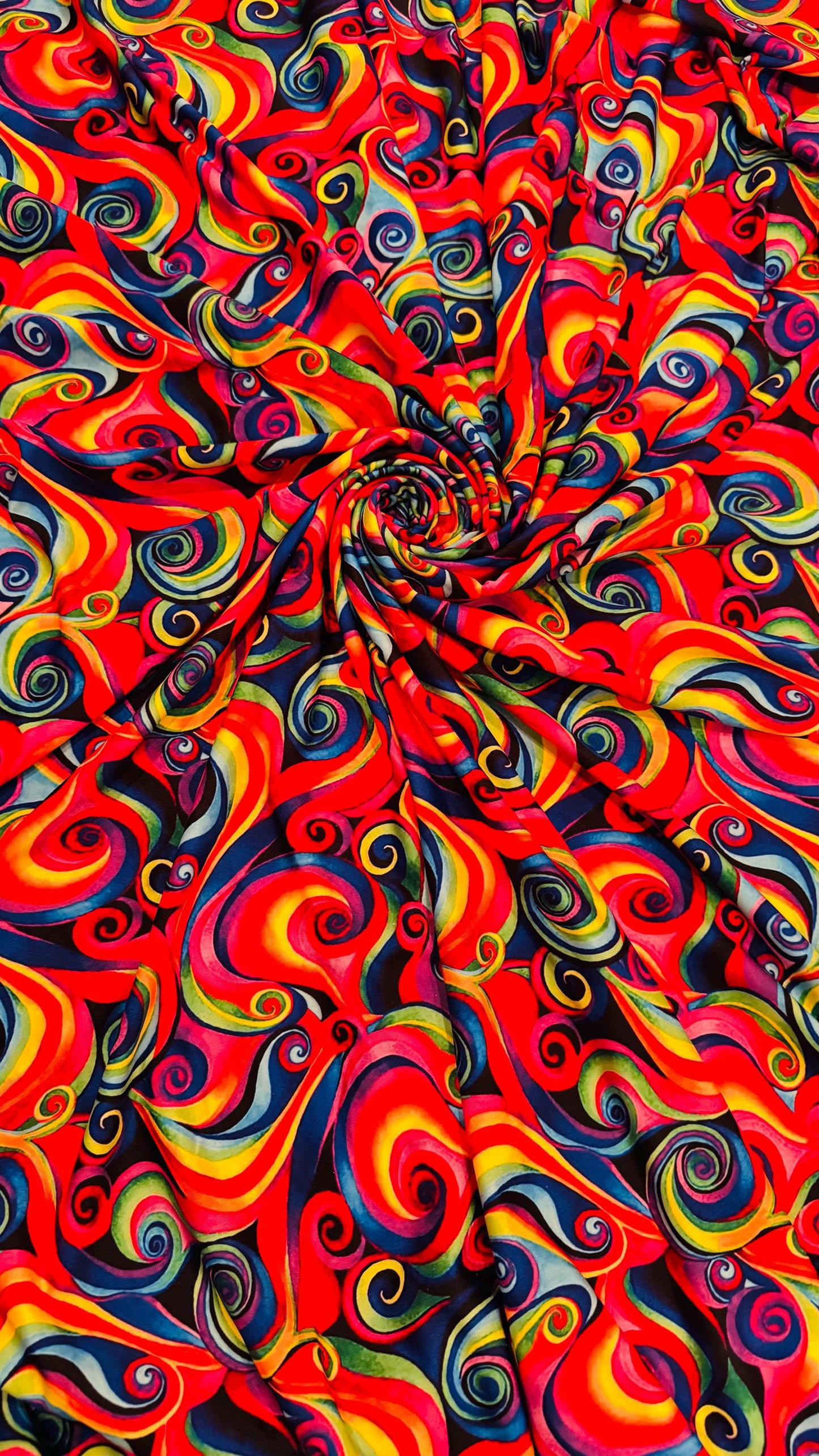 Modern abstract Paisley design multicolor heavy stretch velvet 4-way 58/60” Sold by the YD. Ships worldwide from Los Angeles California USA.