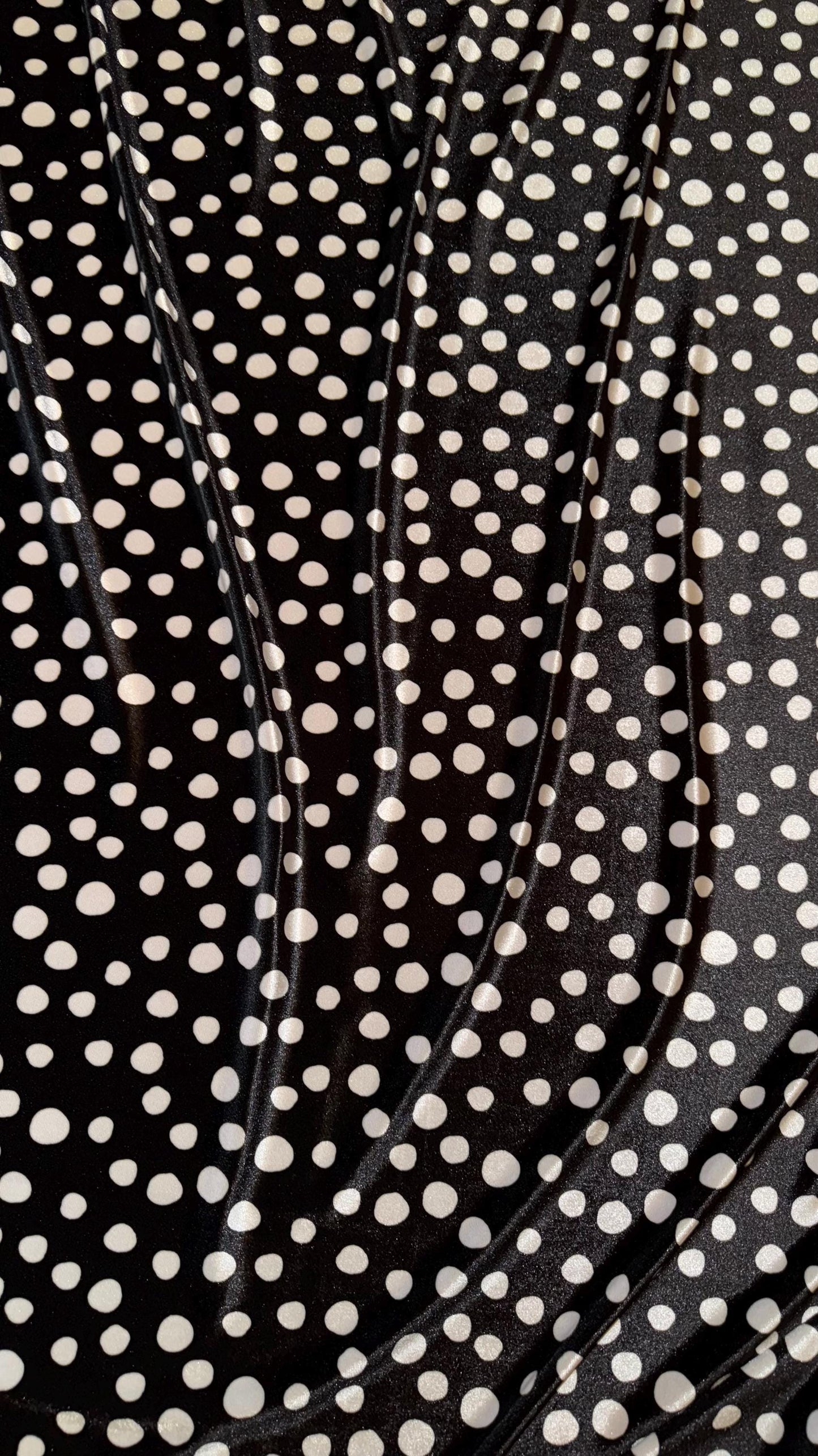 Pebbles design black/white on stretch luxury silky velvet 58/60” Sold by the YD. Ships Worldwide from Los Angeles California USA.