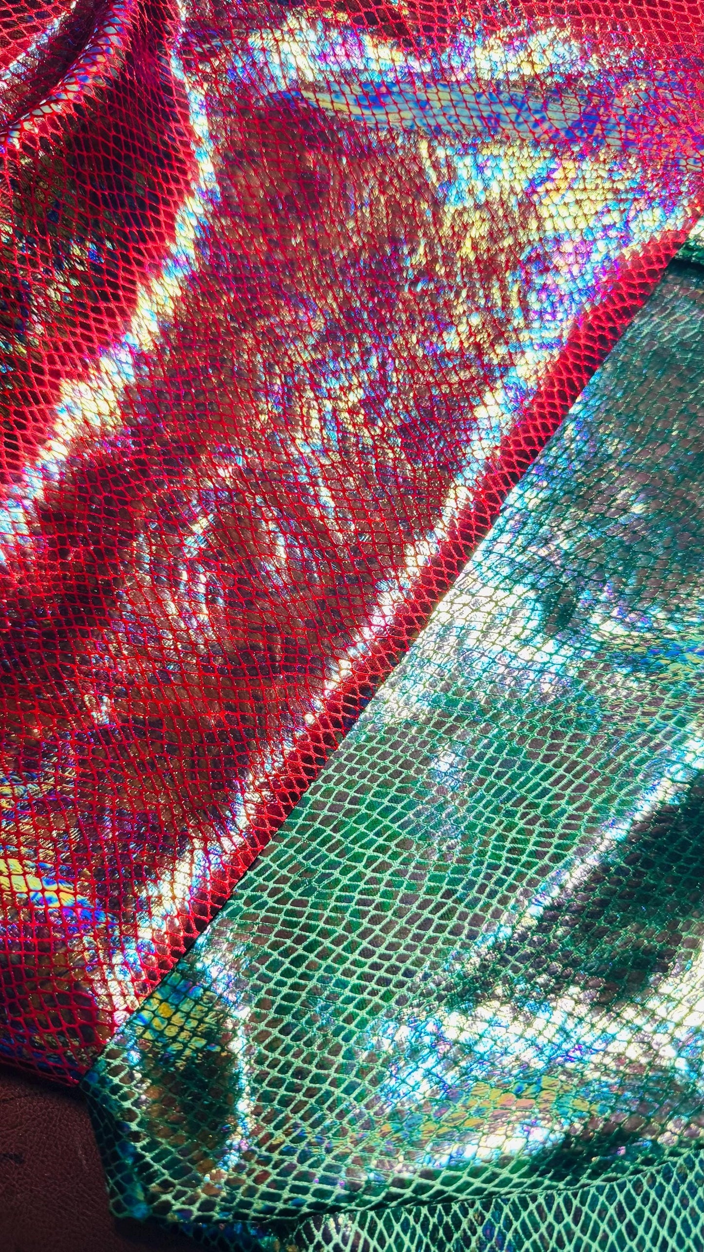 Dragón scales design super shiny iridescent stretch velvet with hologram foil 4-way stretch 58/60” Sold by the YD. Ships Worldwide from L.A