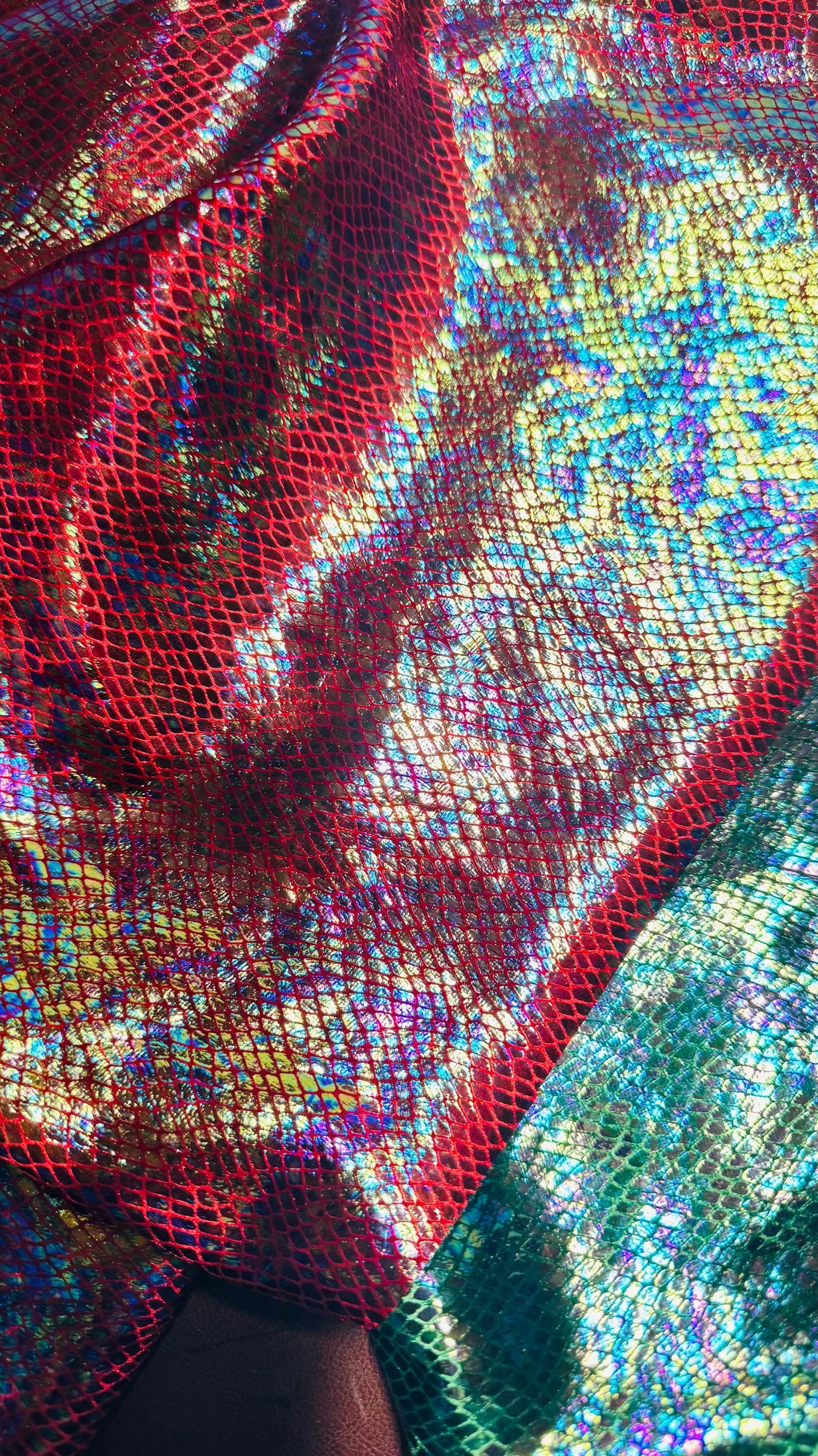 Dragón scales design super shiny iridescent stretch velvet with hologram foil 4-way stretch 58/60” Sold by the YD. Ships Worldwide from L.A