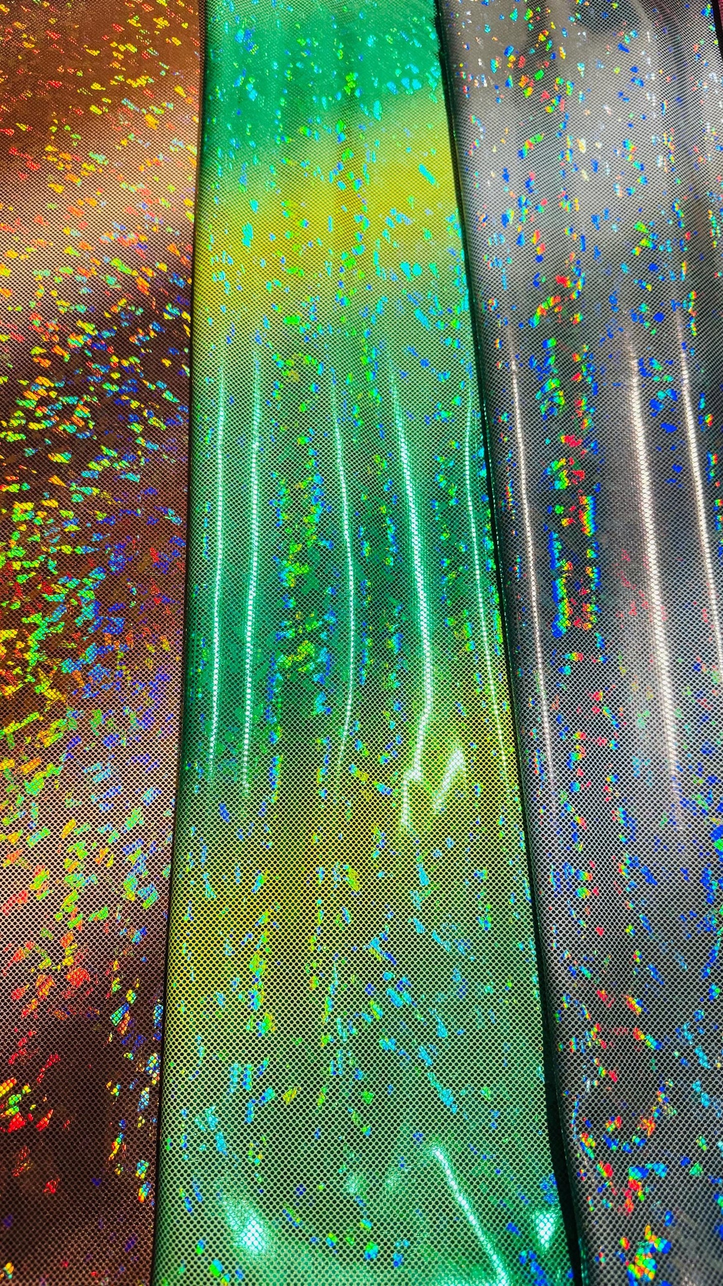 New Ombre design on shattered glass metallic nylon spandex 4-way stretch 58/60” Sold by the YD. Ships worldwide from Los Angeles California