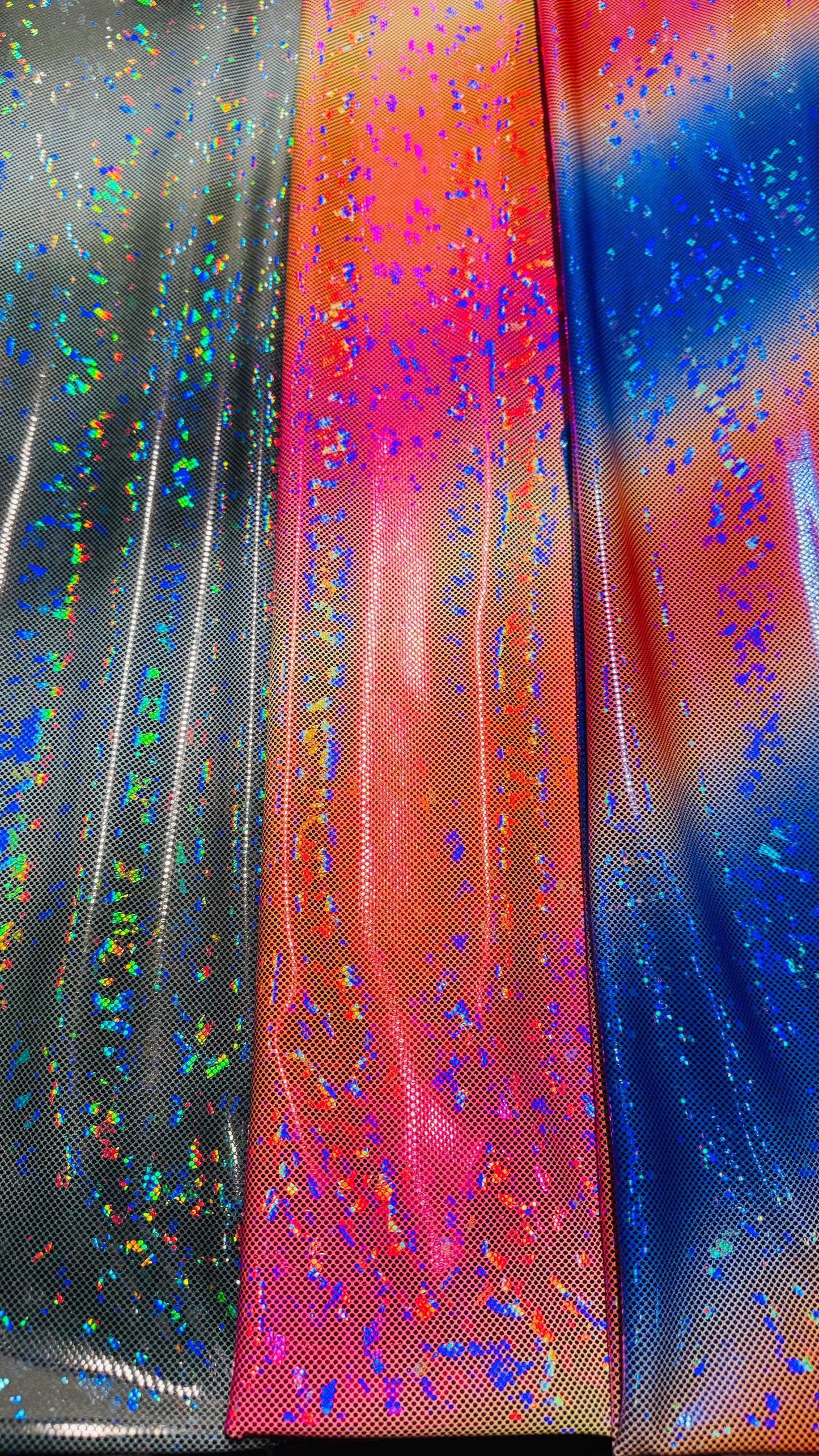 New Ombre design on shattered glass metallic nylon spandex 4-way stretch 58/60” Sold by the YD. Ships worldwide from Los Angeles California