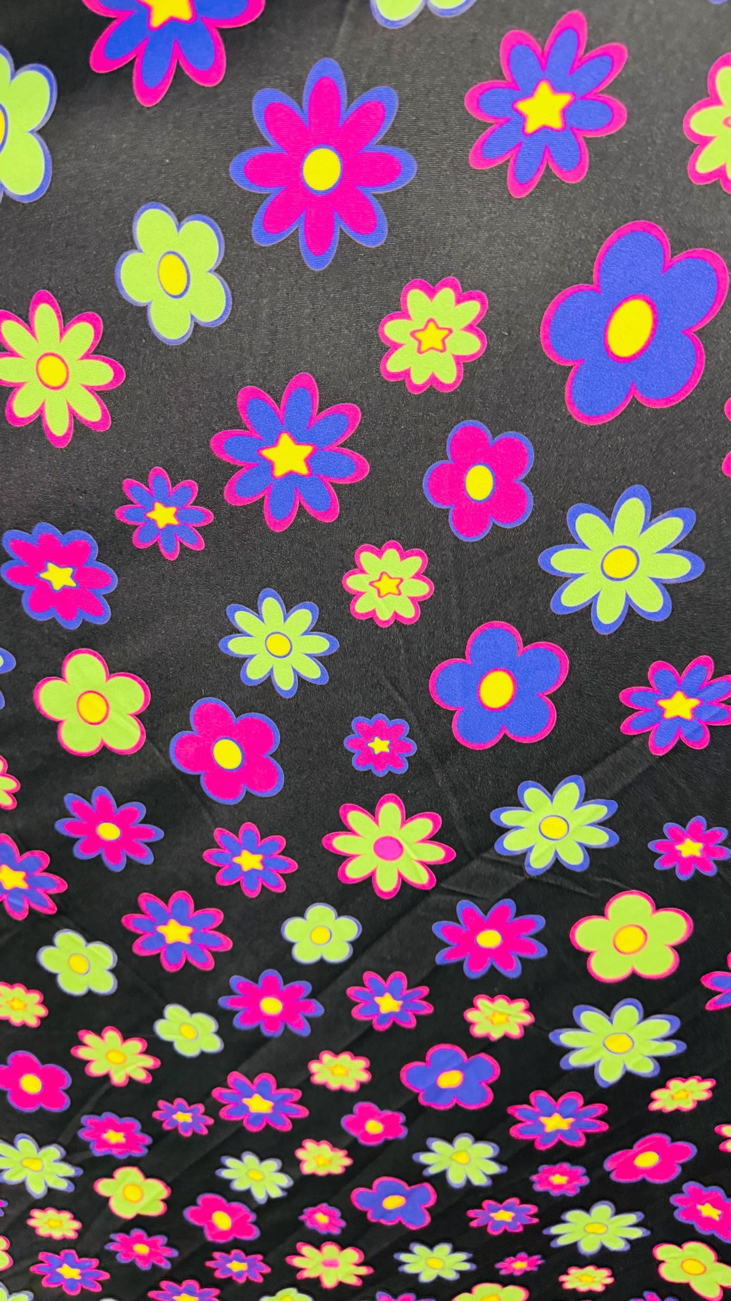 New Daisy Romantic flower design Black/Multicolor print on great quality of nylon spandex 4-way stretch 58/60” Sold by the YD.