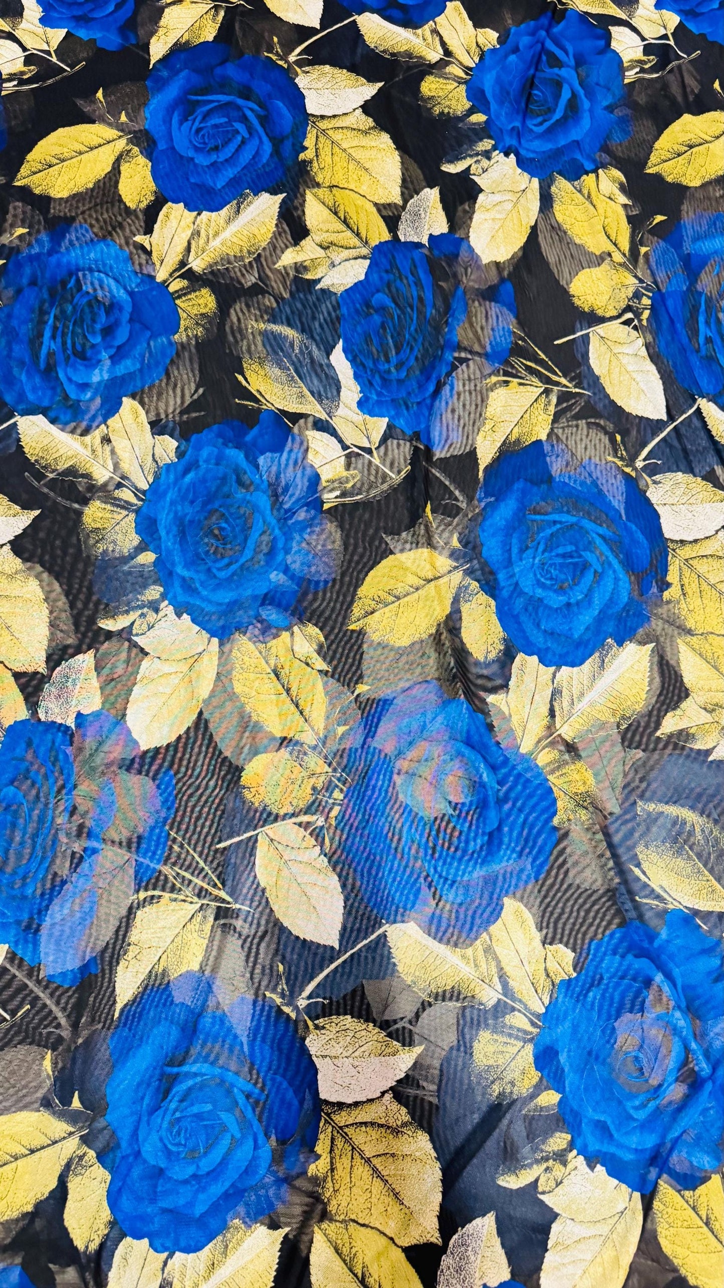 New Romantic Sapphire/Yellow flower design print on great quality of power mesh 4-way stretch 58/60” High Quality fabrics by AlexLAFabrics