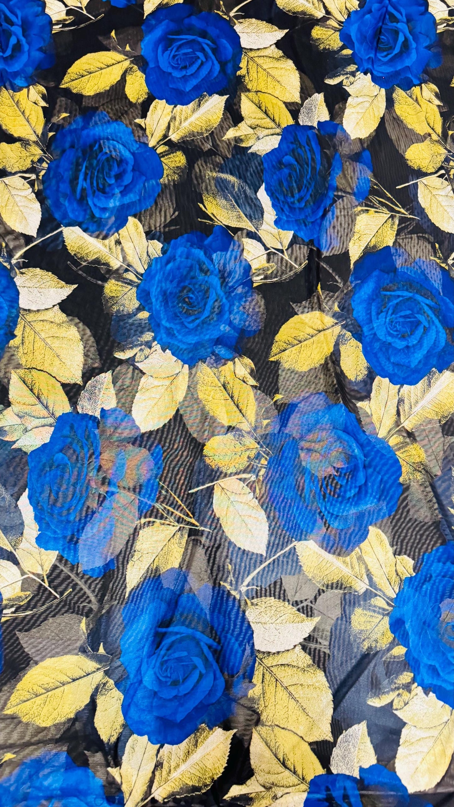 New Romantic Sapphire/Yellow flower design print on great quality of power mesh 4-way stretch 58/60” High Quality fabrics by AlexLAFabrics