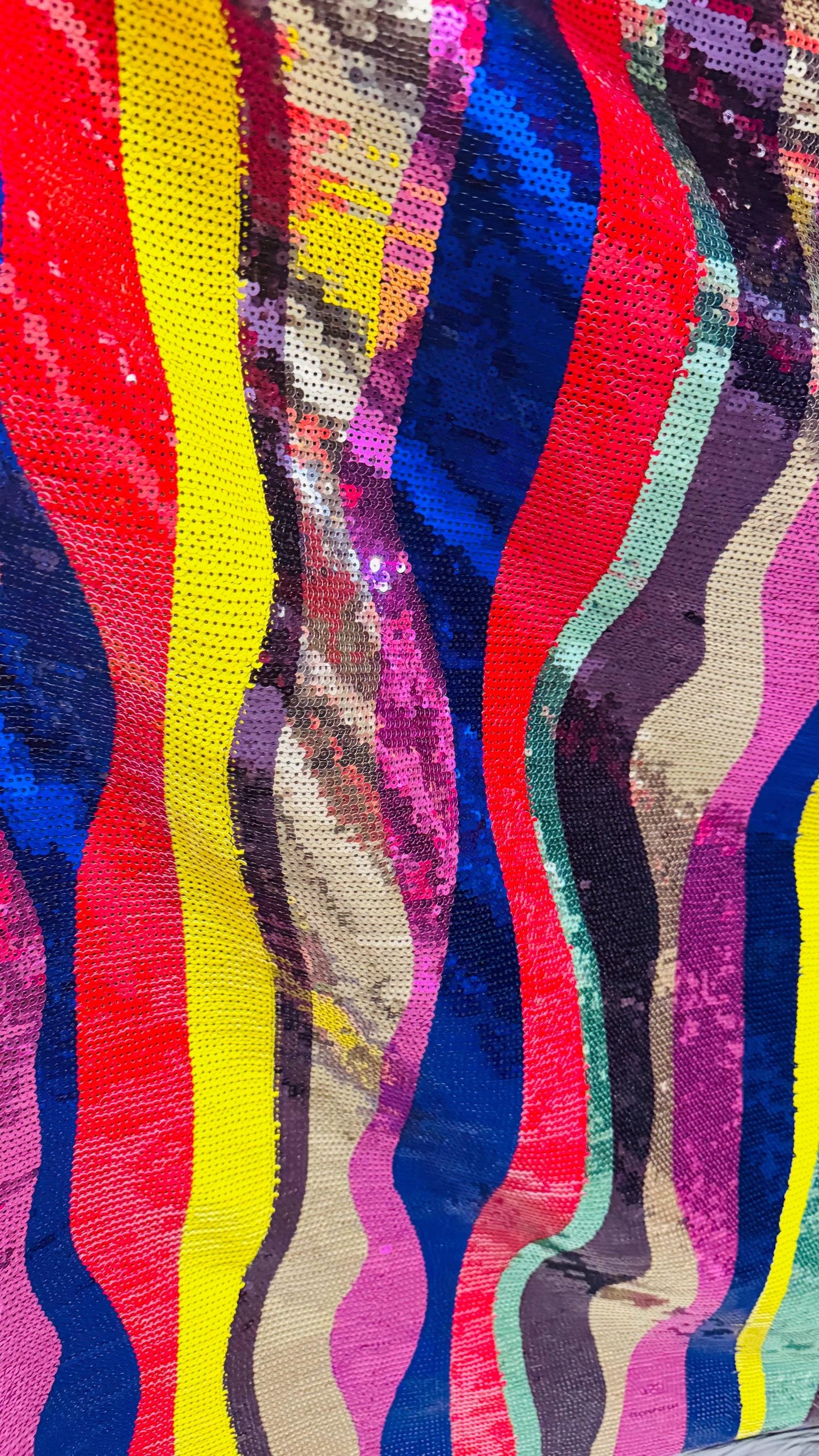 New modern wavy design trans sequins on 2-way stretch mesh 54/55” Sold by the YD. Ships worldwide from Los Angeles California USA.