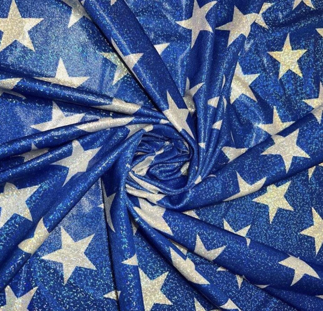 Stars freedom design metallic hologram nylon spandex 4-way stretch 58/60” Multicolor Sold by the YD.