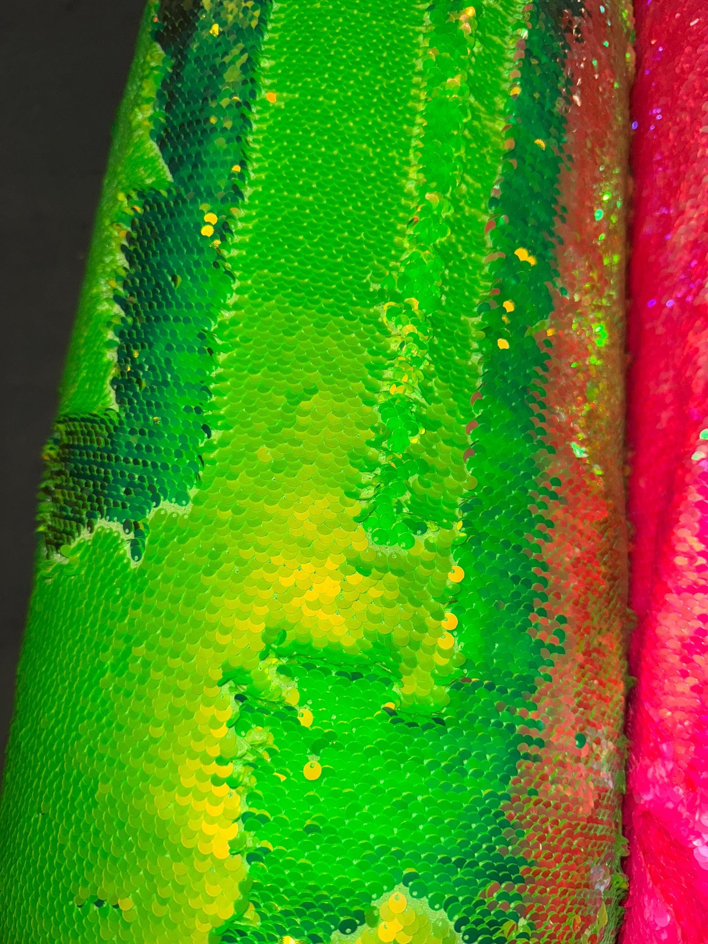 Neon colors Flip Up reversible sequins on spandex base 2-way stew 58/50” Sold by the YD. Ships worldwide from Los Angeles California USA