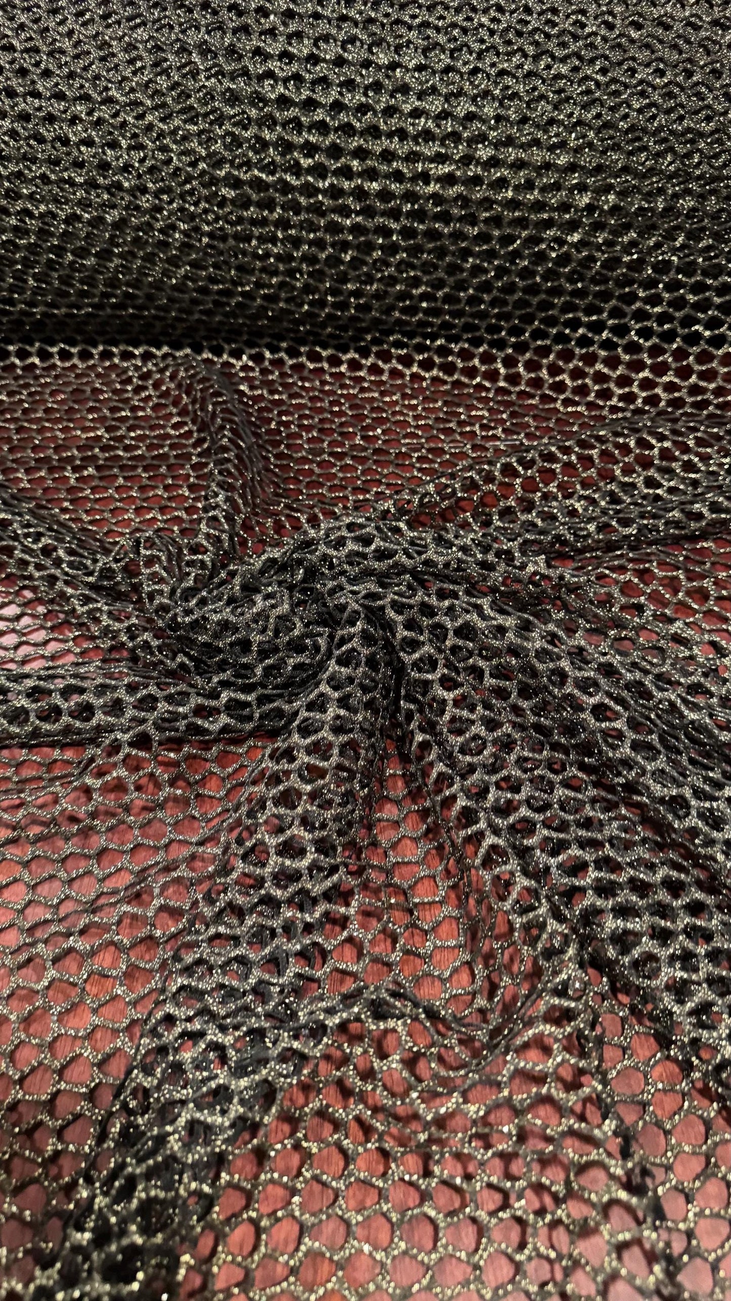 Metallic Spider mesh Black/Gold 4-way stretch 58/60” Sold by the YD. Ships Worldwide from Los Angeles California USA.