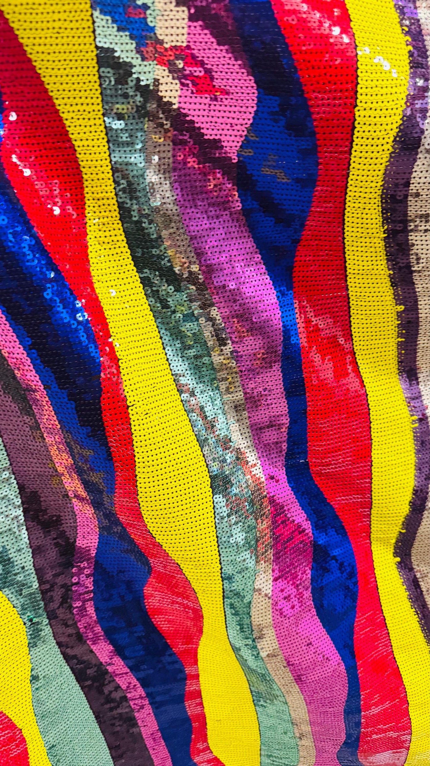 New modern wavy design trans sequins on 2-way stretch mesh 54/55” Sold by the YD. Ships worldwide from Los Angeles California USA.