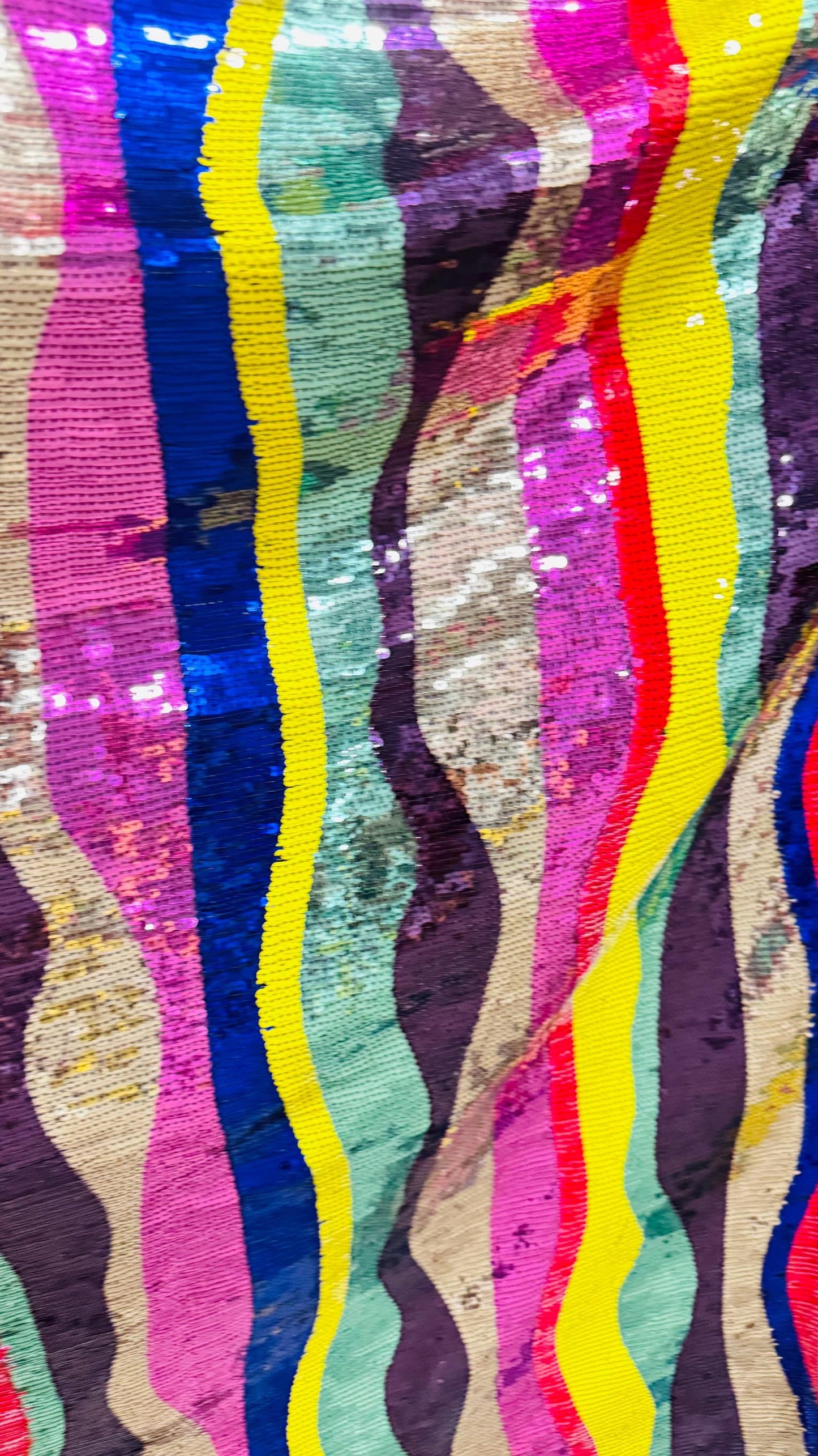 New modern wavy design trans sequins on 2-way stretch mesh 54/55” Sold by the YD. Ships worldwide from Los Angeles California USA.
