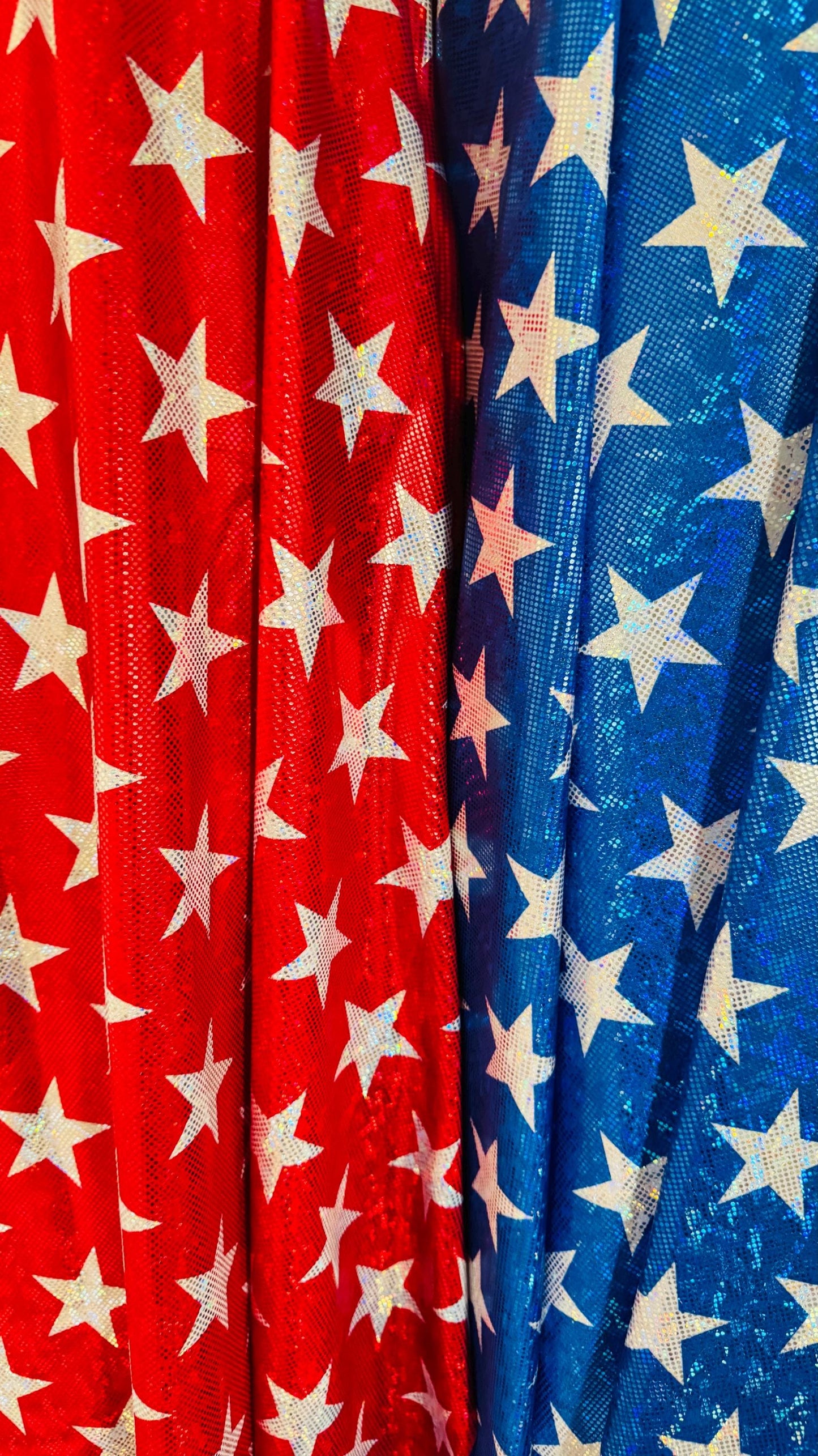 Stars Freedom design on metallic shattered glass hologram nylon spandex 4-way stretch 58/60” Multicolor Sold by the YD.