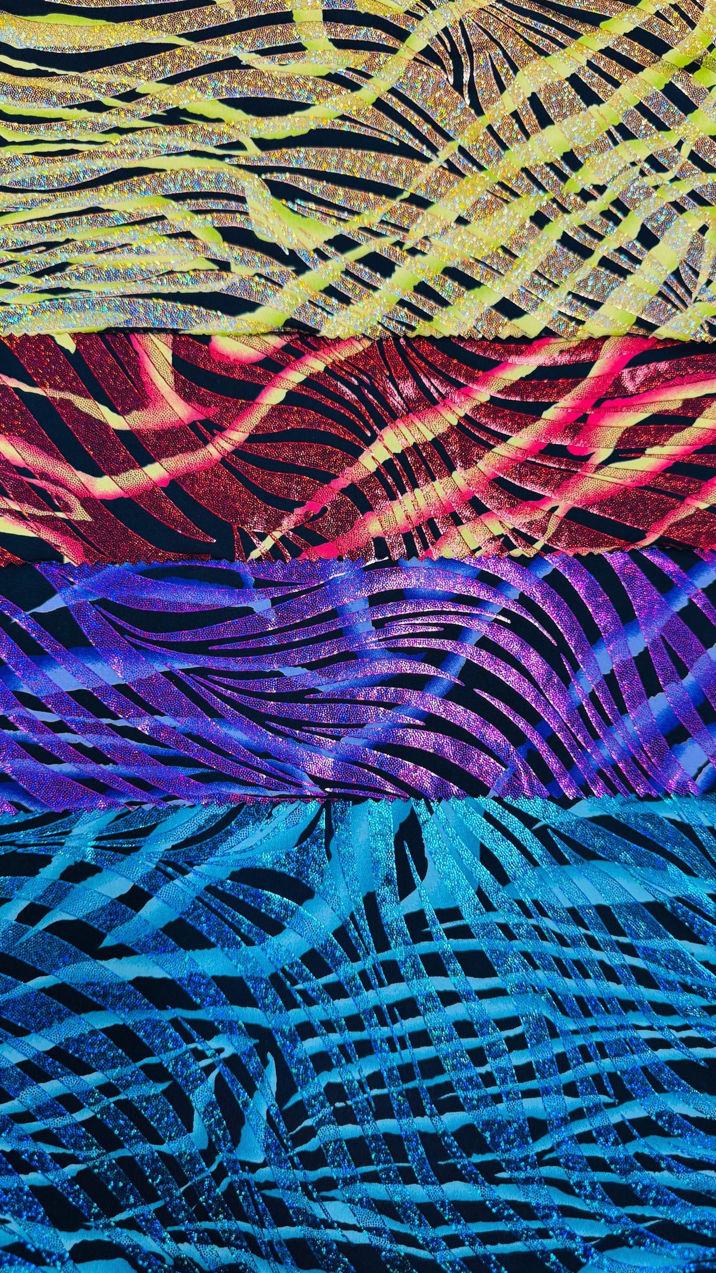 New Zebra multi Nylon spandex 4way fantastic Exotic Zebra With Hologram foil 58/60" Sold by the Yd. Ships worldwide from Los Angeles CA