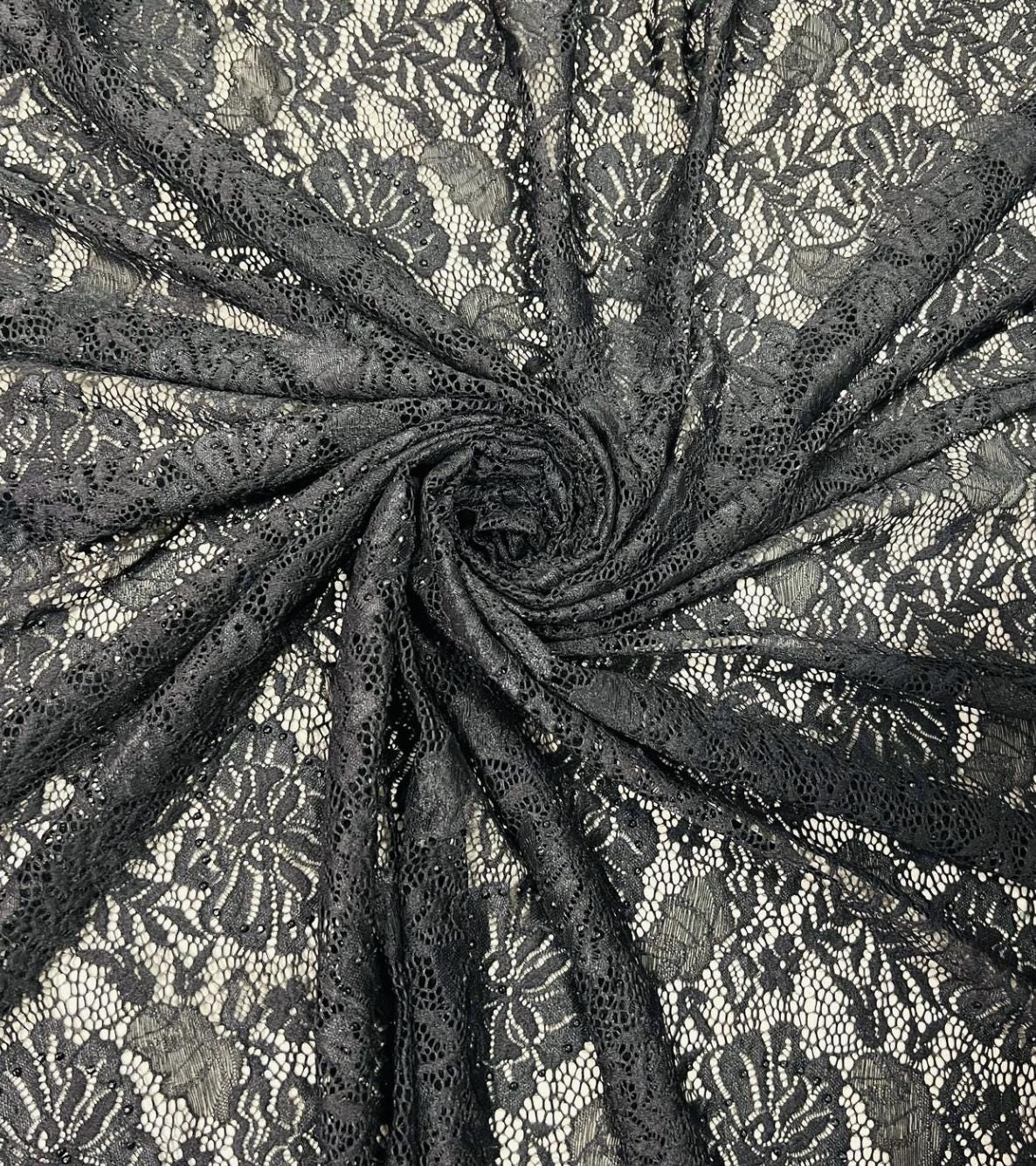 New Victoria stretch lace with rhinestone 4-way stretch 52/54” Sold by the YD. Ships Worldwide from Los Angeles California USA