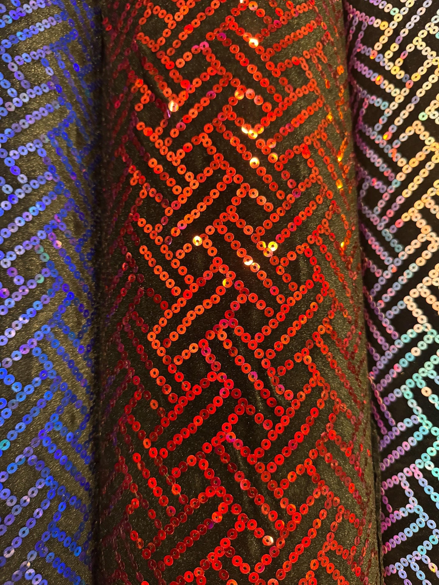 New Modern Overlap 3D Iridescent sequins on heavy stretch velvet 4way 2tone sequins 58/60" Sold by the YD. Ships worldwide from LA CA