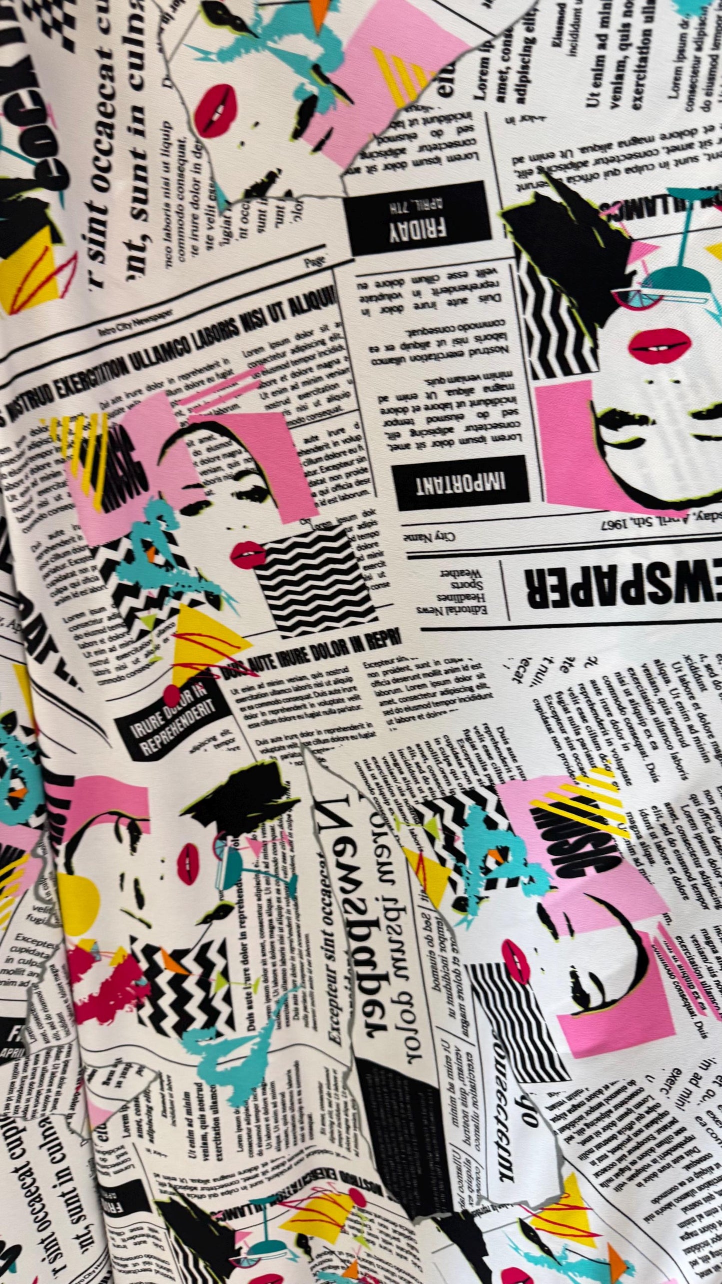 New Retro City Newspaper design print on poly spandex medium weight 2-way stretch 58/60” Sold by the YD. Ships worldwide from Los Angeles CA
