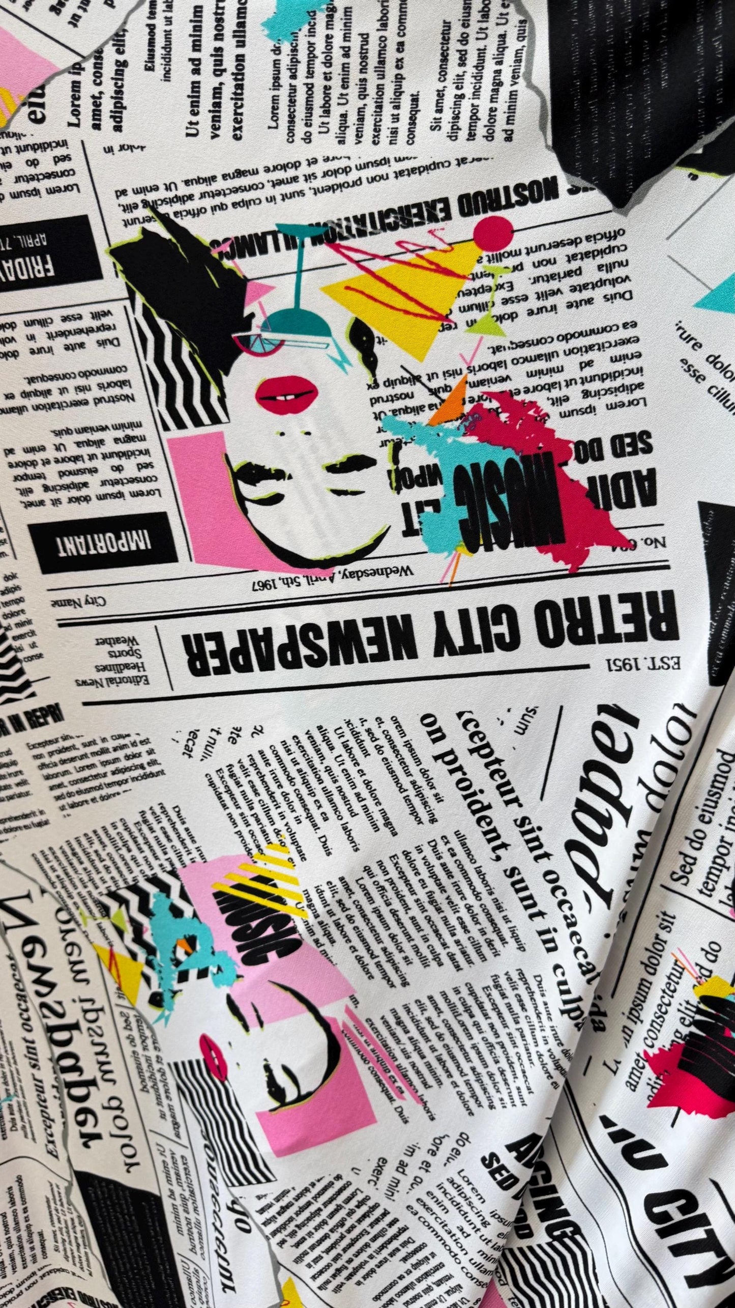 New Retro City Newspaper design print on poly spandex medium weight 2-way stretch 58/60” Sold by the YD. Ships worldwide from Los Angeles CA