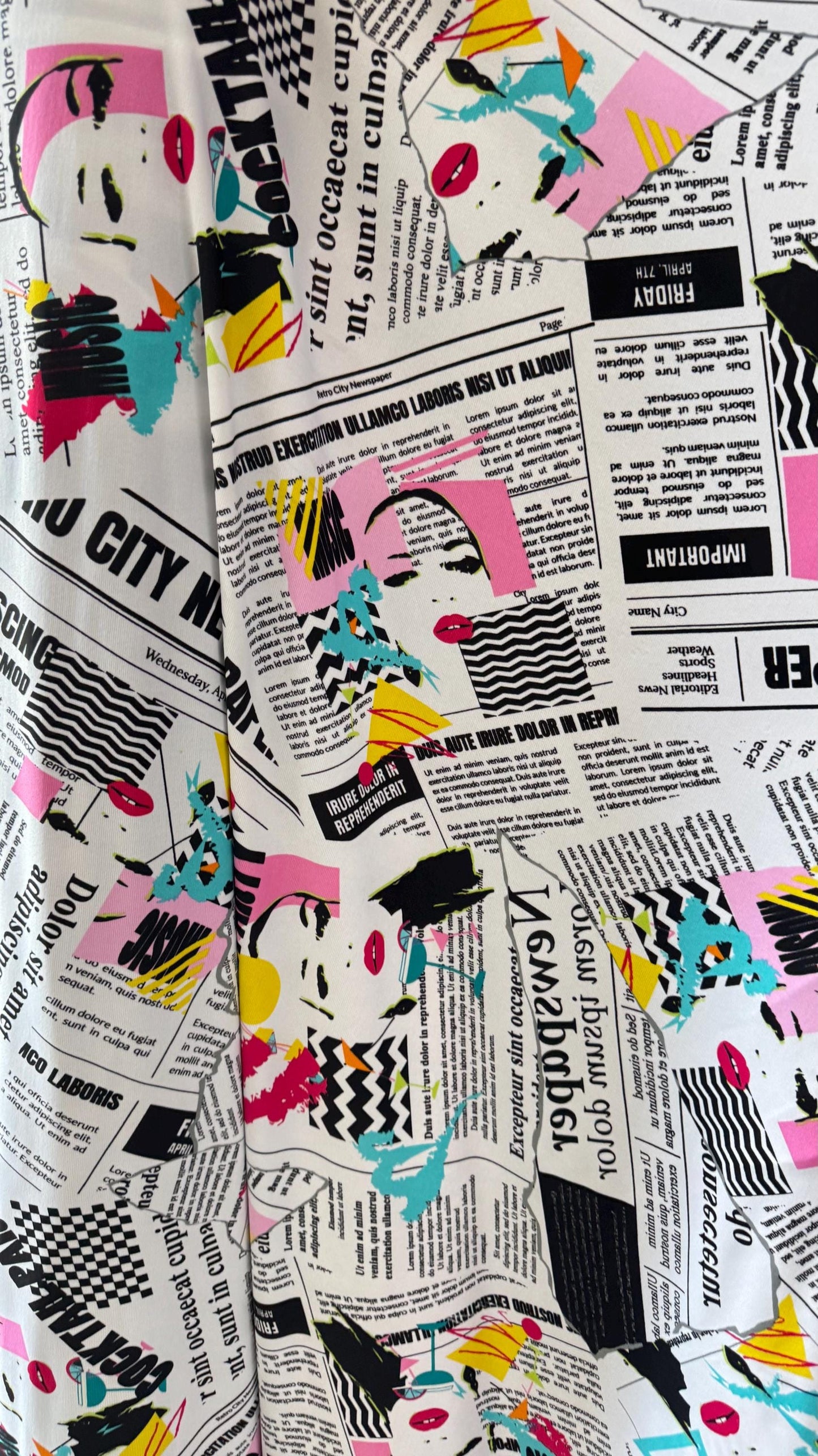 New Retro City Newspaper design print on poly spandex medium weight 2-way stretch 58/60” Sold by the YD. Ships worldwide from Los Angeles CA