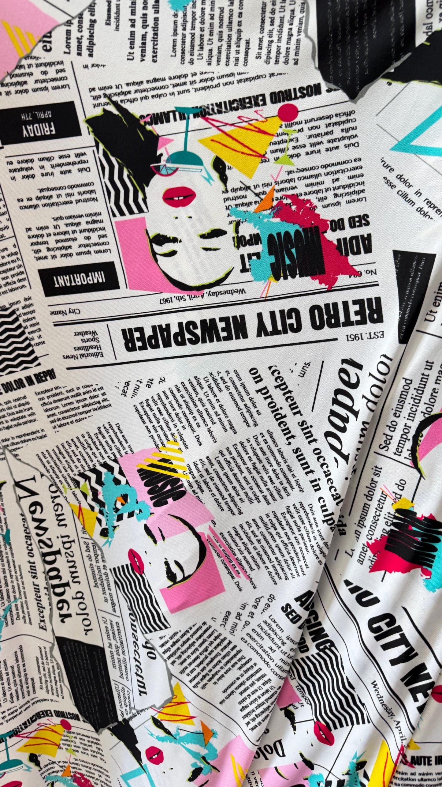 New Retro City Newspaper design print on poly spandex medium weight 2-way stretch 58/60” Sold by the YD. Ships worldwide from Los Angeles CA