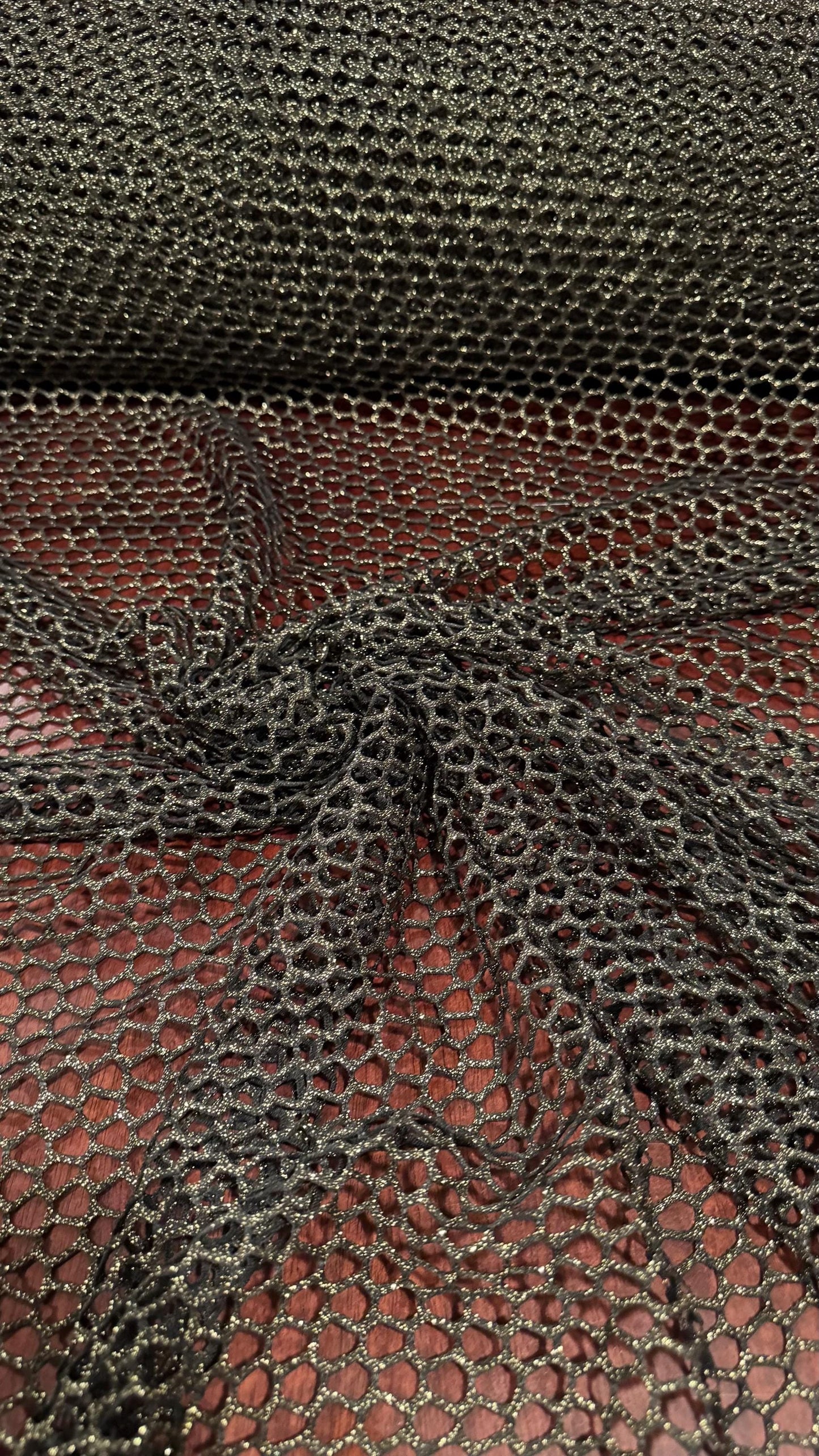 Metallic Spider mesh Black/Gold 4-way stretch 58/60” Sold by the YD. Ships Worldwide from Los Angeles California USA.
