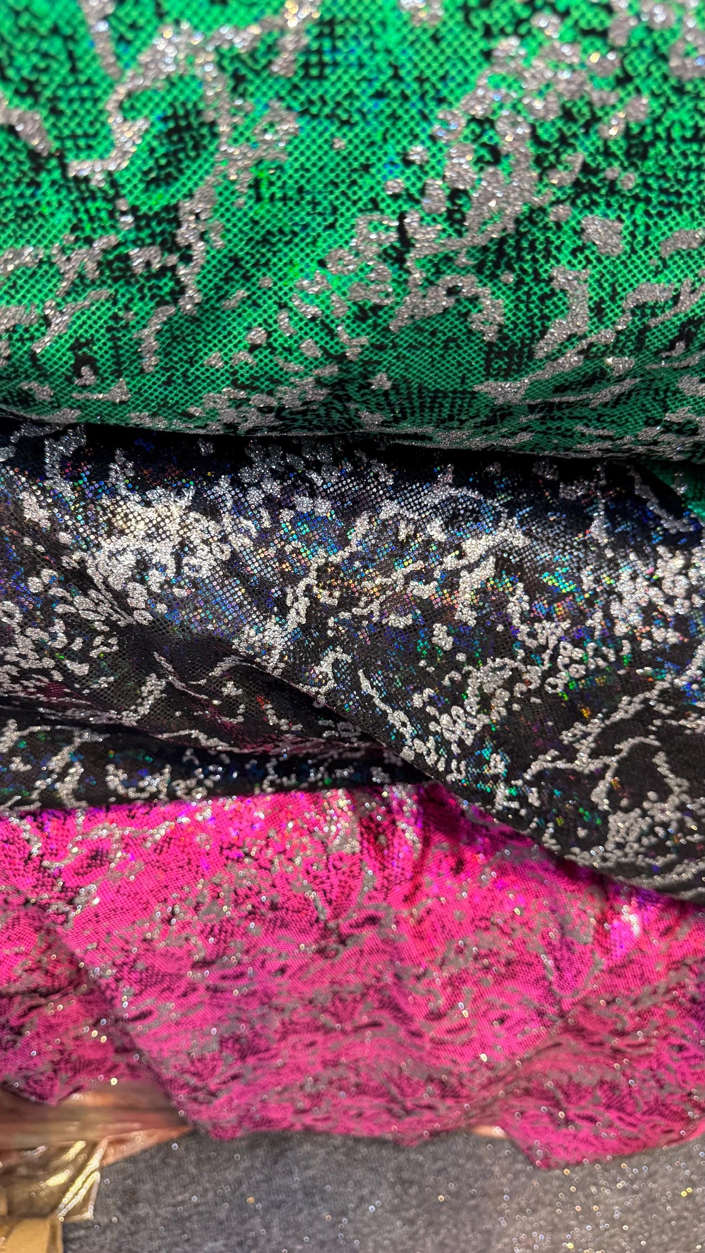 New Exotic Snake design shattered Glass metallic nylon spandex with flocking and glitter 4way 58/60" Sold by the YD. Ships worldwide from LA
