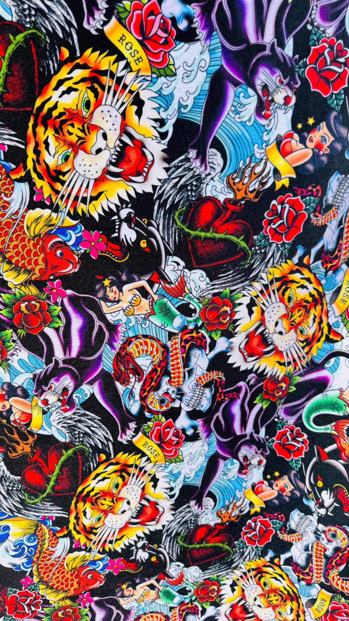 New Luxury stretch velvet with Japanese Tattoo design 4way stretch 58/60" Sold by the YD. Ships worldwide from Los Ángeles California USA.