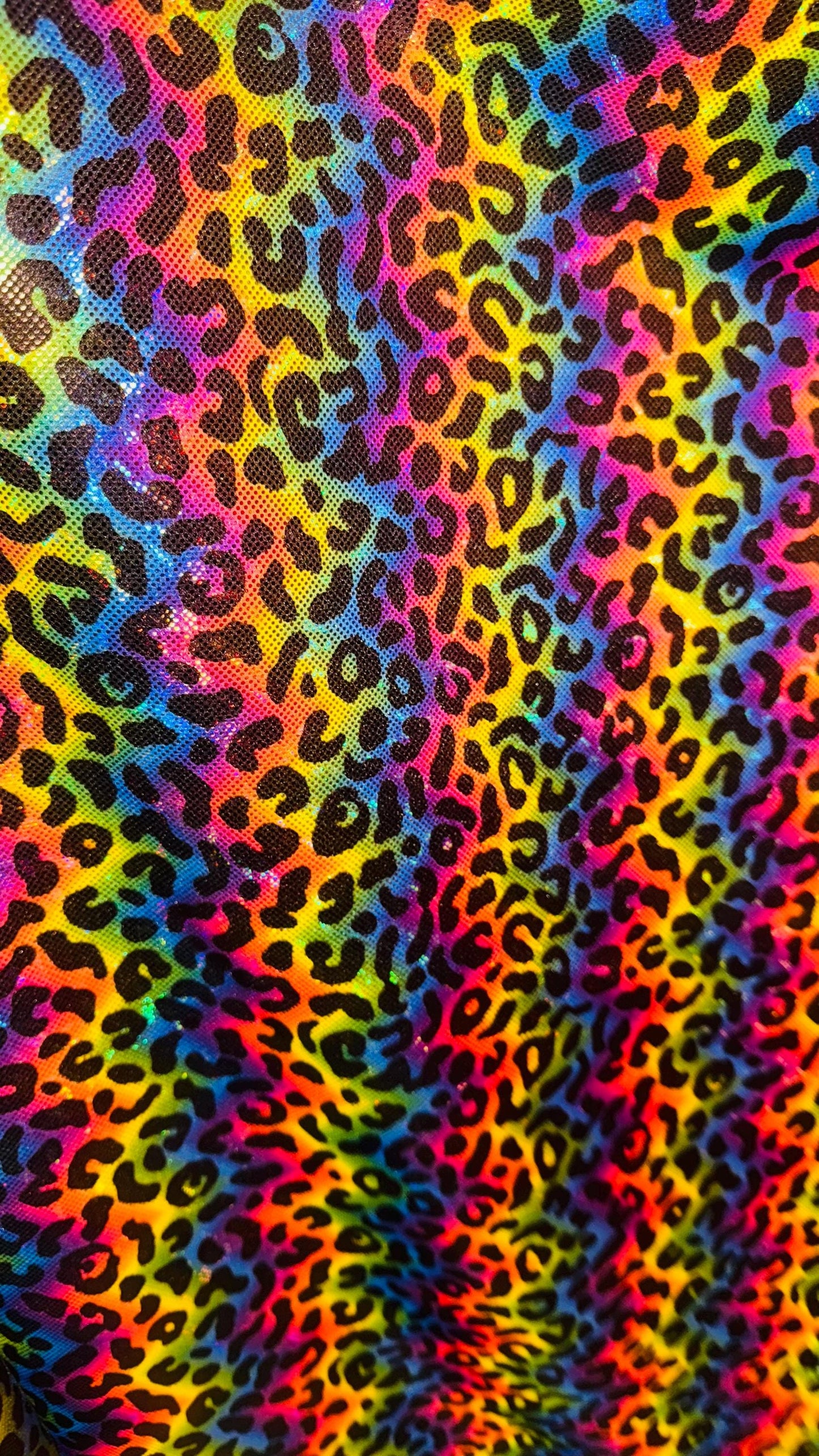 NEW Metallic Leopard rainbow design on shattered glass Hologram spandex 4way stretch 58/60” Sold by the YD. Ships Worldwide from Los Angeles