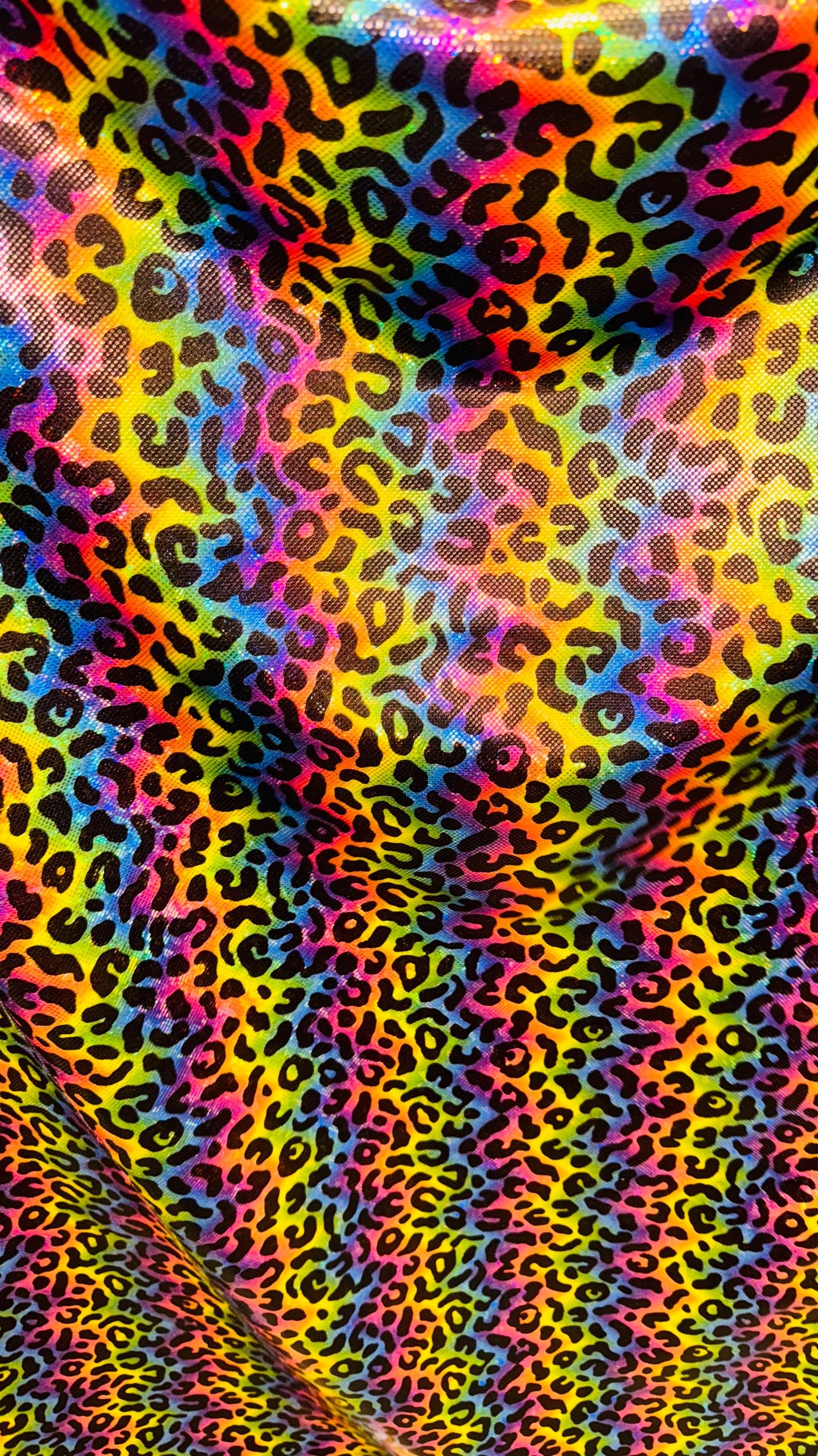 NEW Metallic Leopard rainbow design on shattered glass Hologram spandex 4way stretch 58/60” Sold by the YD. Ships Worldwide from Los Angeles