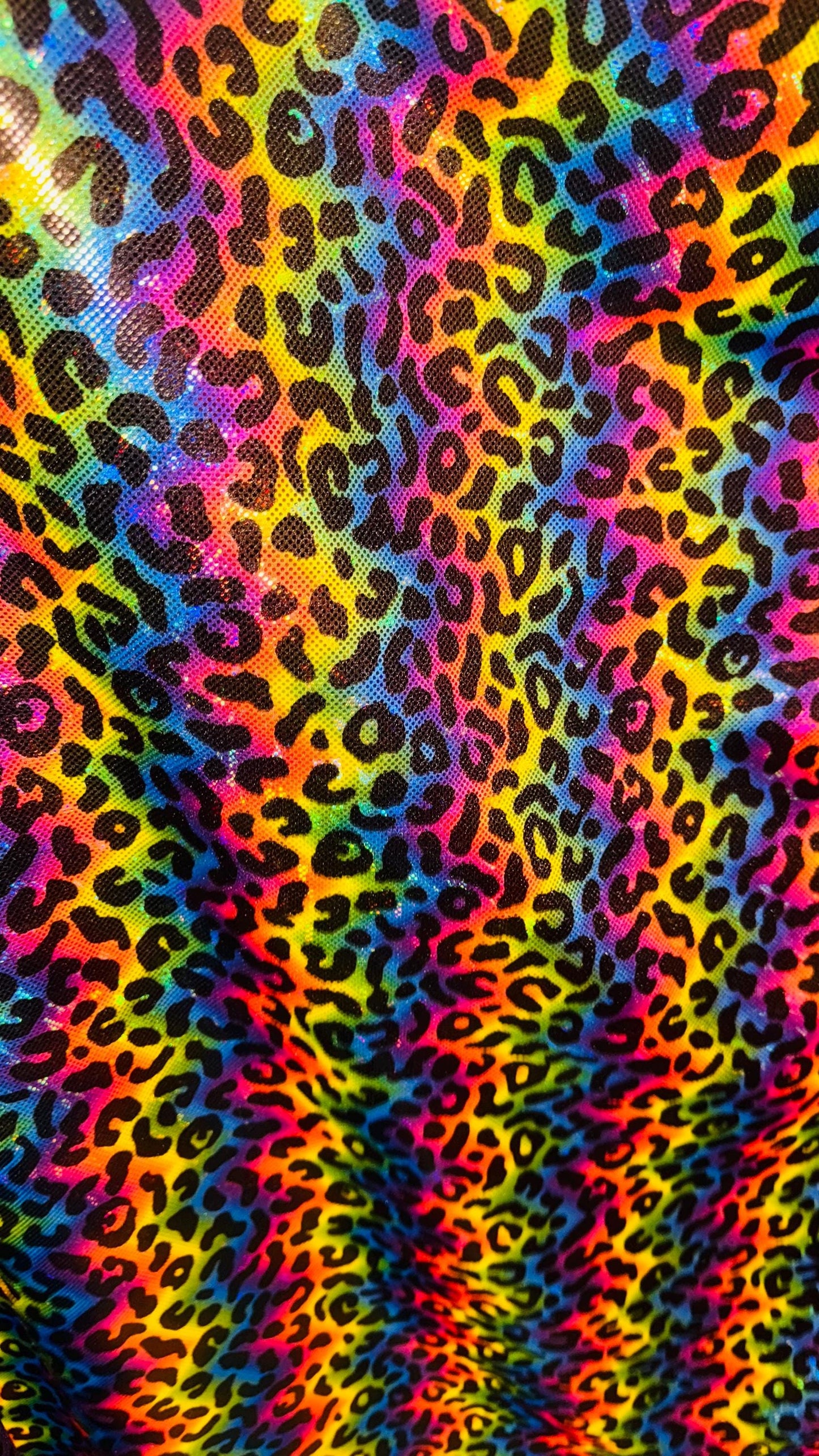 NEW Metallic Leopard rainbow design on shattered glass Hologram spandex 4way stretch 58/60” Sold by the YD. Ships Worldwide from Los Angeles