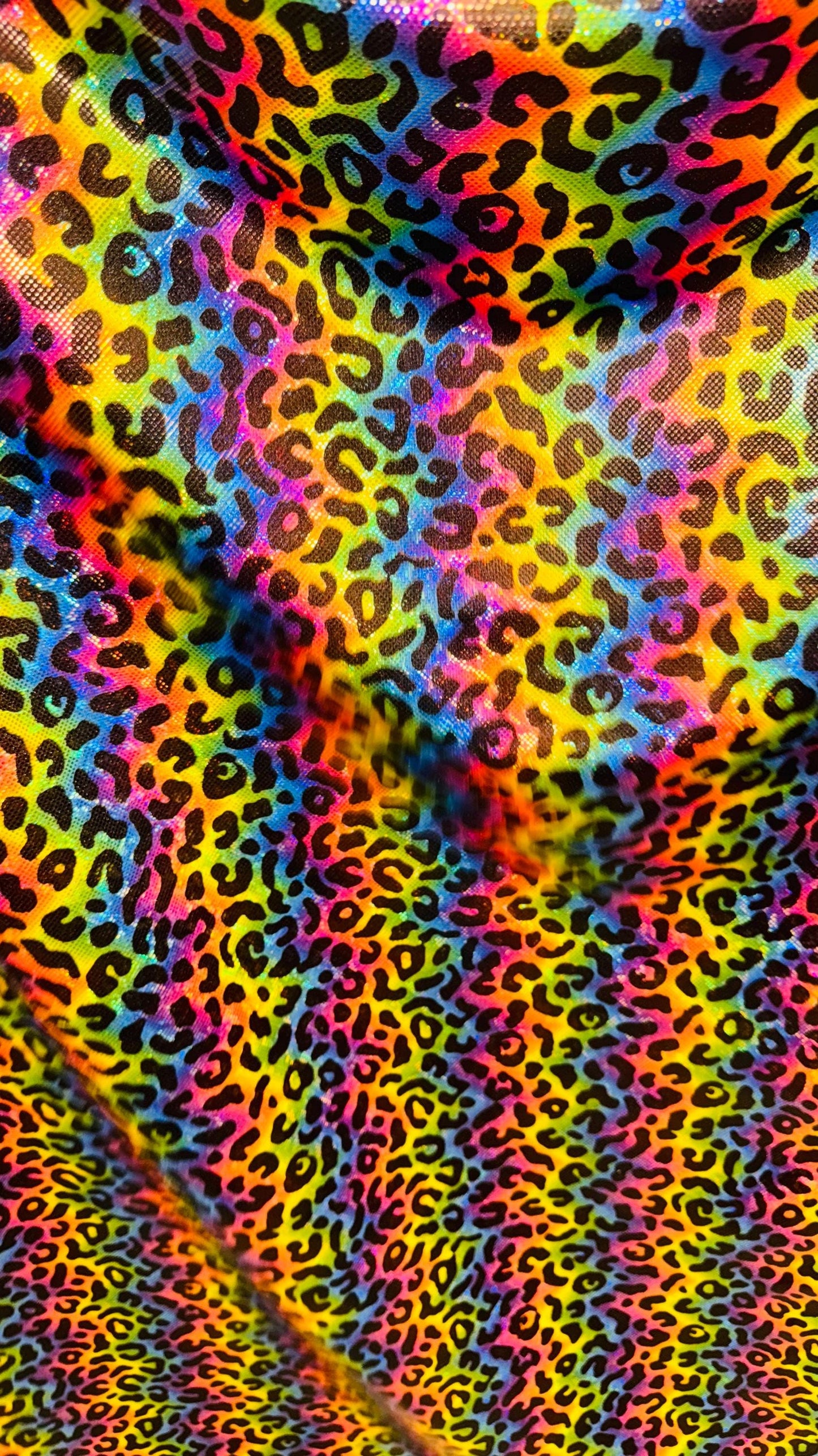 NEW Metallic Leopard rainbow design on shattered glass Hologram spandex 4way stretch 58/60” Sold by the YD. Ships Worldwide from Los Angeles