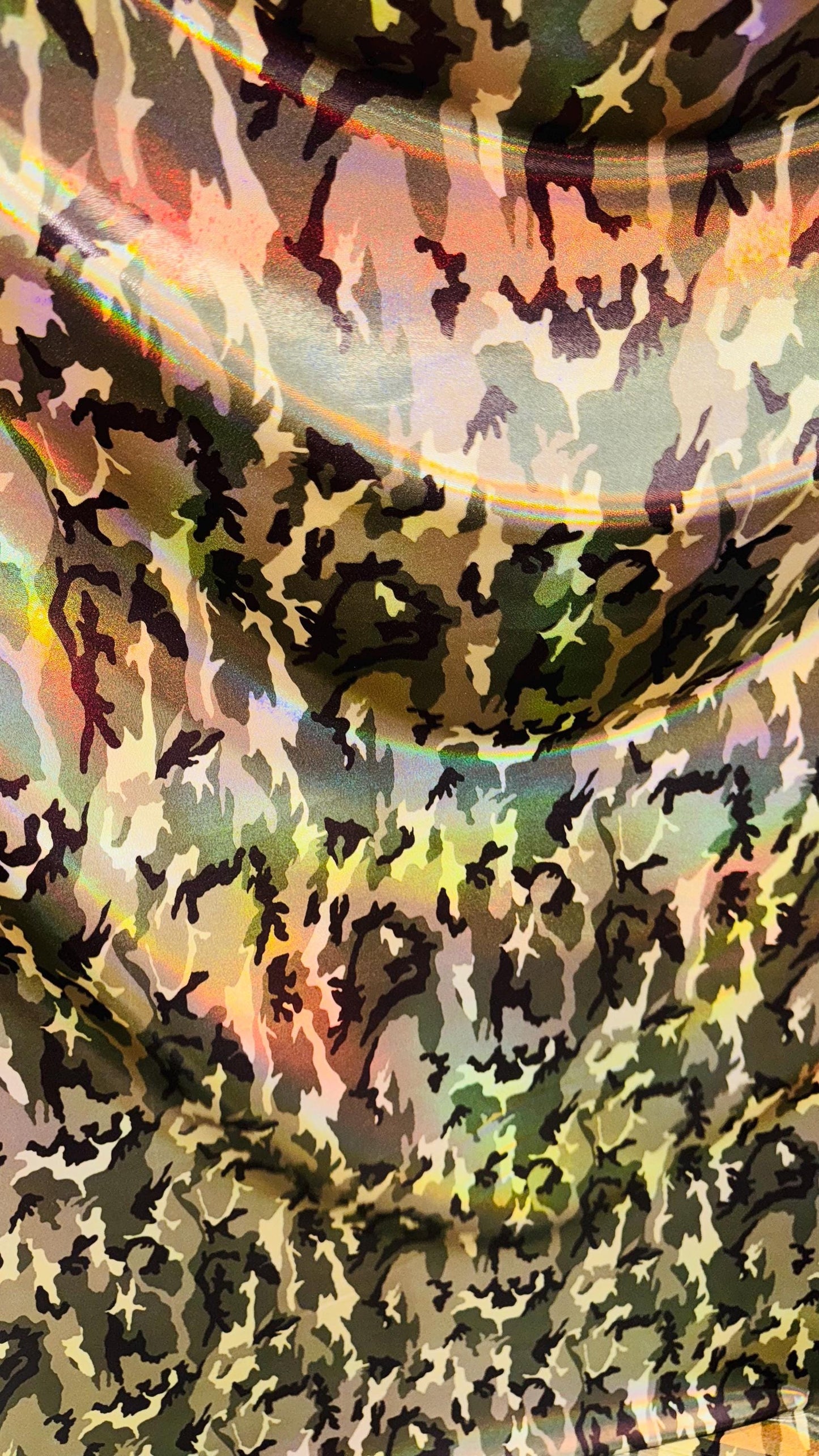 NEW Camouflage Army design on Iridescent Oil Slick metallic hologram nylon spandex 4way stretch 58/60" Sold by the YD. Ships worldwide
