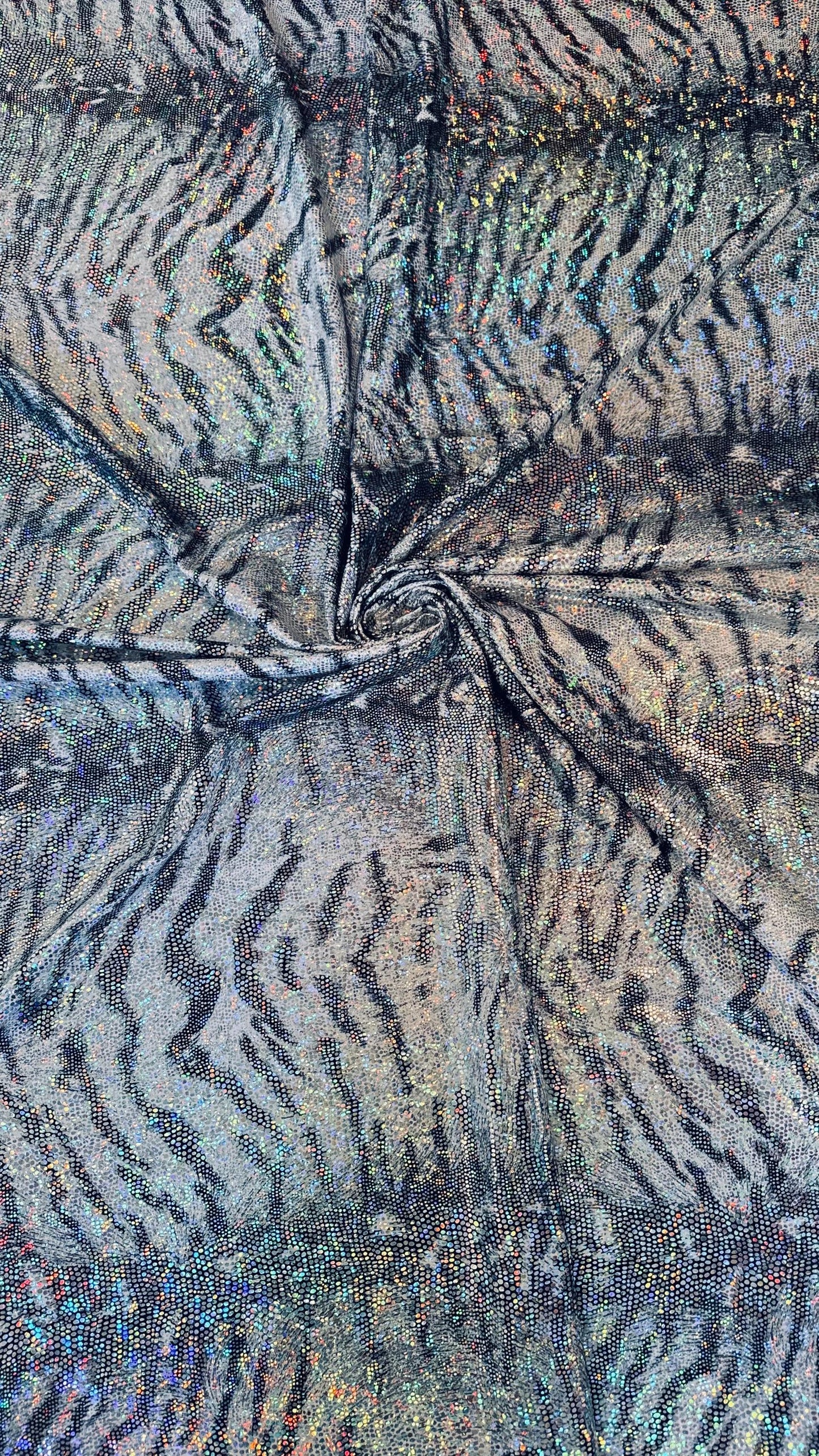 Bengal White Tiger design metallic hologram nylon spandex 4way stretch 58/60" Sold by the YD. Ships worldwide from Los Angeles California