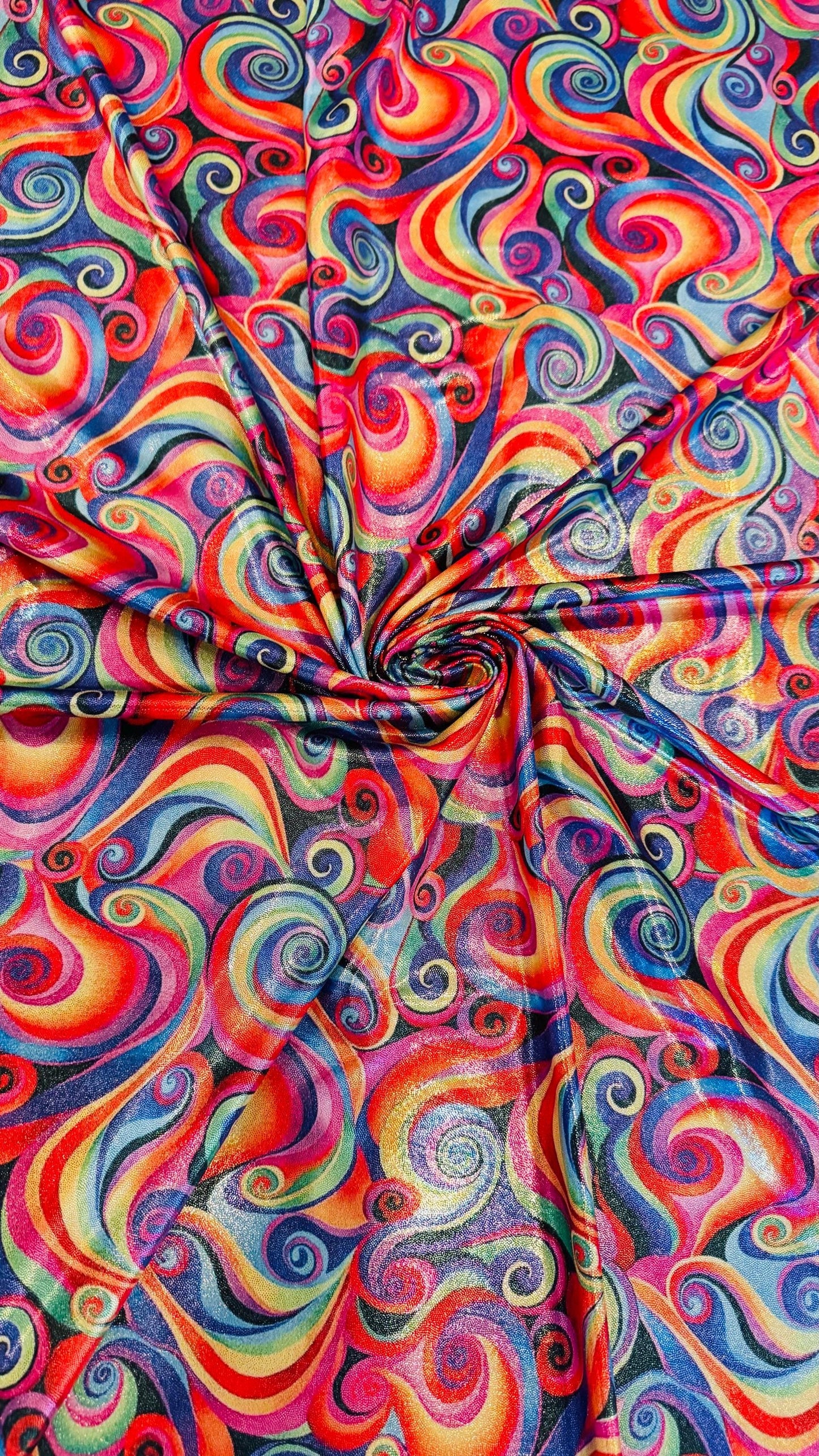 New Swirl Rainbow abstract design metallic nylon spandex 4-way stretch 58/60” Sold by the YD Ships Worldwide from Los Angeles California USA