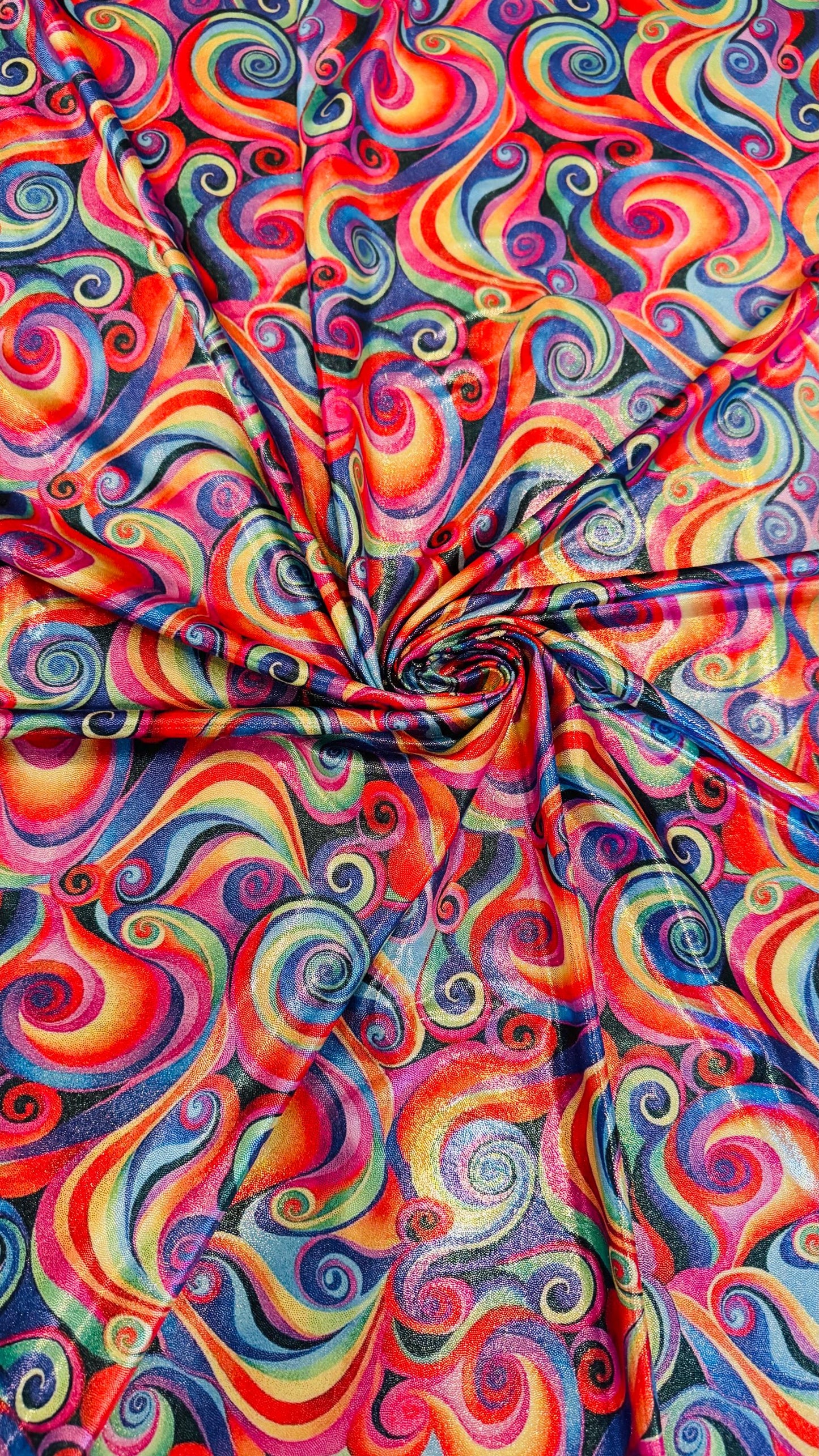New Swirl Rainbow abstract design metallic nylon spandex 4-way stretch 58/60” Sold by the YD Ships Worldwide from Los Angeles California USA