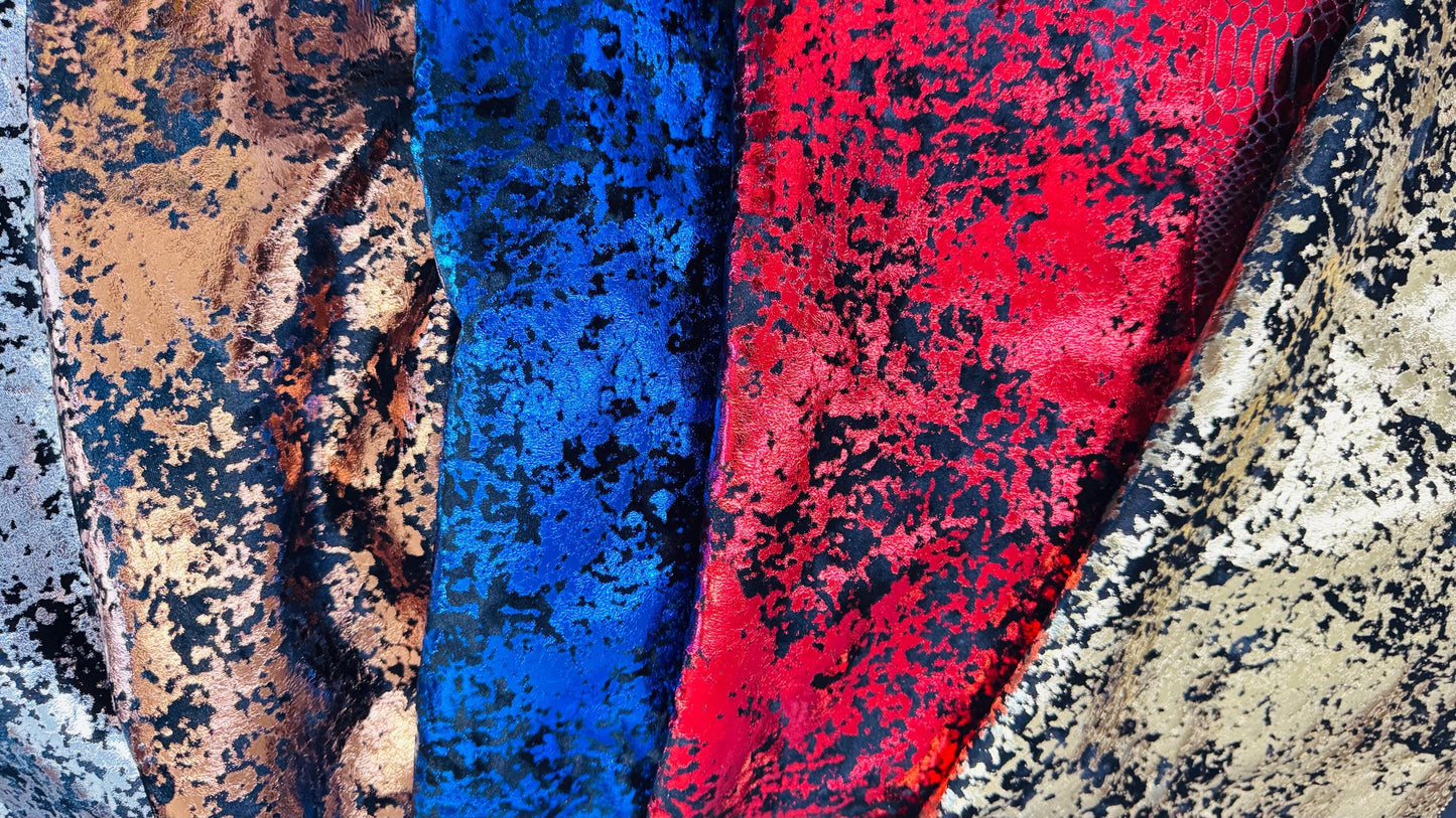 New Splatter Lava Abstract design on stretch velvet with all over foil metallic spandex velvet 4-way stretch 58/60” High quality fabrics