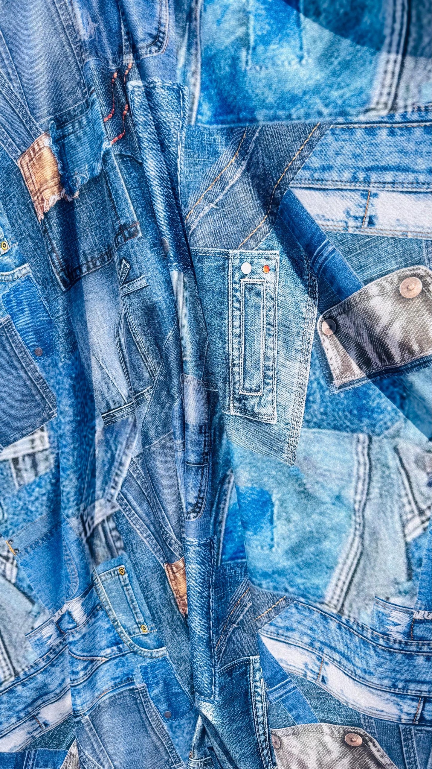 New jeans design print on poly spandex 4way stretch 58/60" Sold by the YD. Ships worldwide feom Los Angeles California USA.