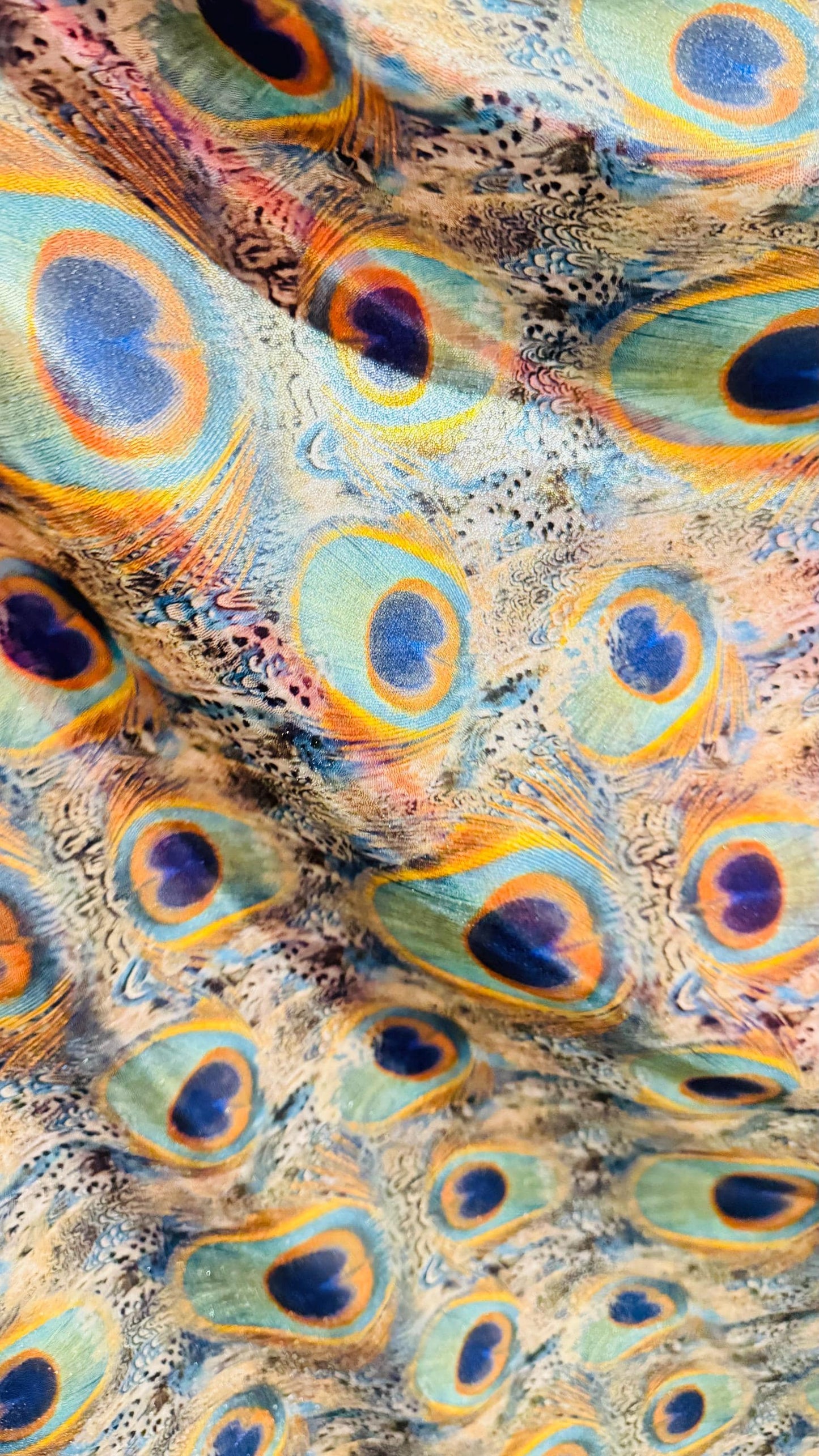 Peacock feathers Exotic design on Metallic nylon spandex with foggy foil 4-way stretch 58/60" Ships worldwide from Los Angeles California