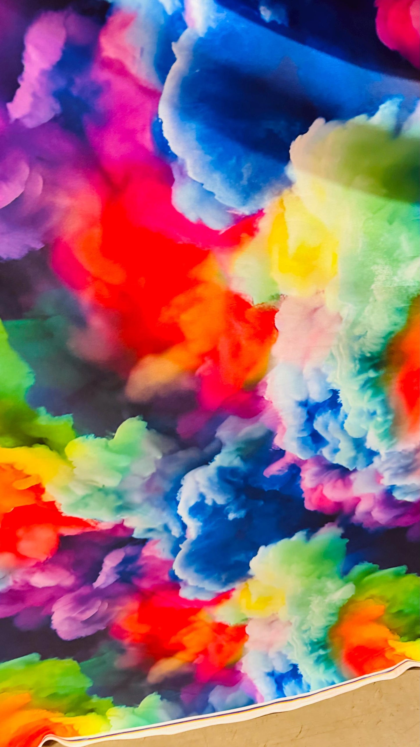 New Rainbow clouds design print on nylon spandex 4way Stretch blue multicolor 58/60" Sold by the yd. Ships worldwide from Los Angeles CA
