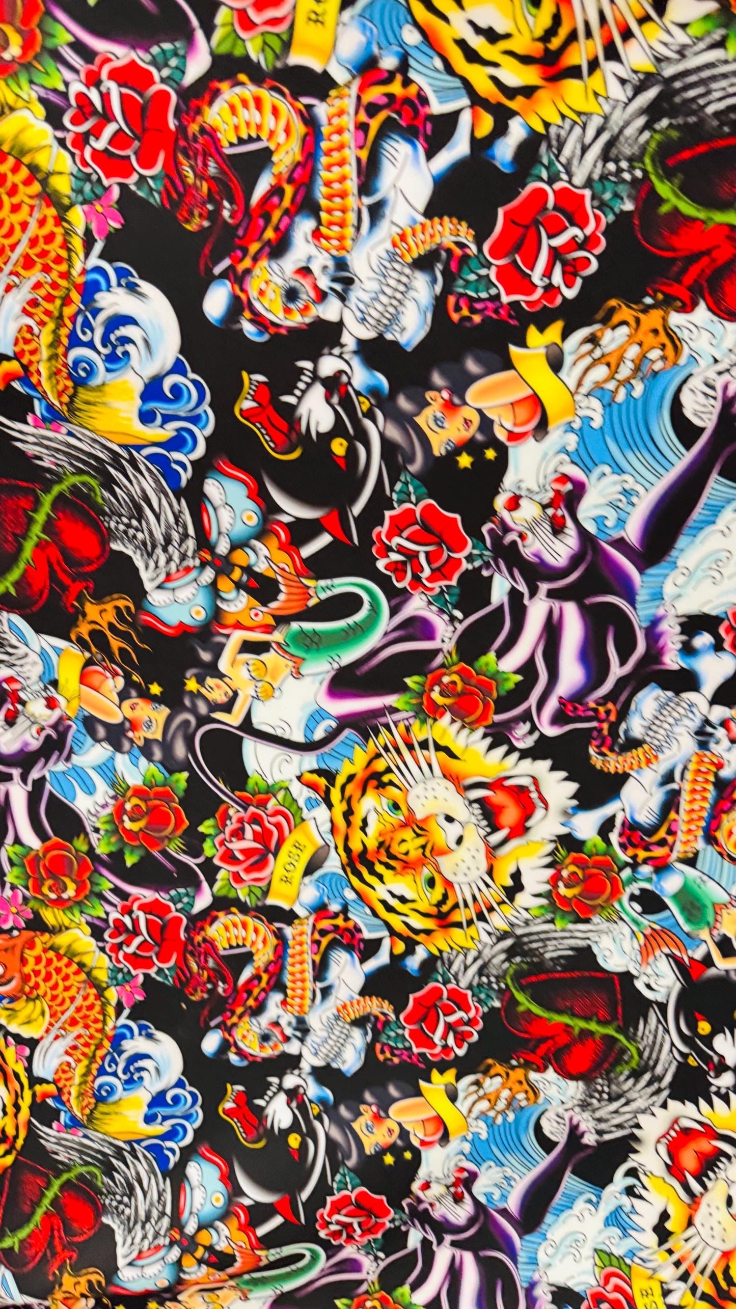 New Exotic Japanese Tattoo design print on neoprene super techno 2-way stretch 58/60” and on Satin. Sold by the YD. Ships Worldwide from LA
