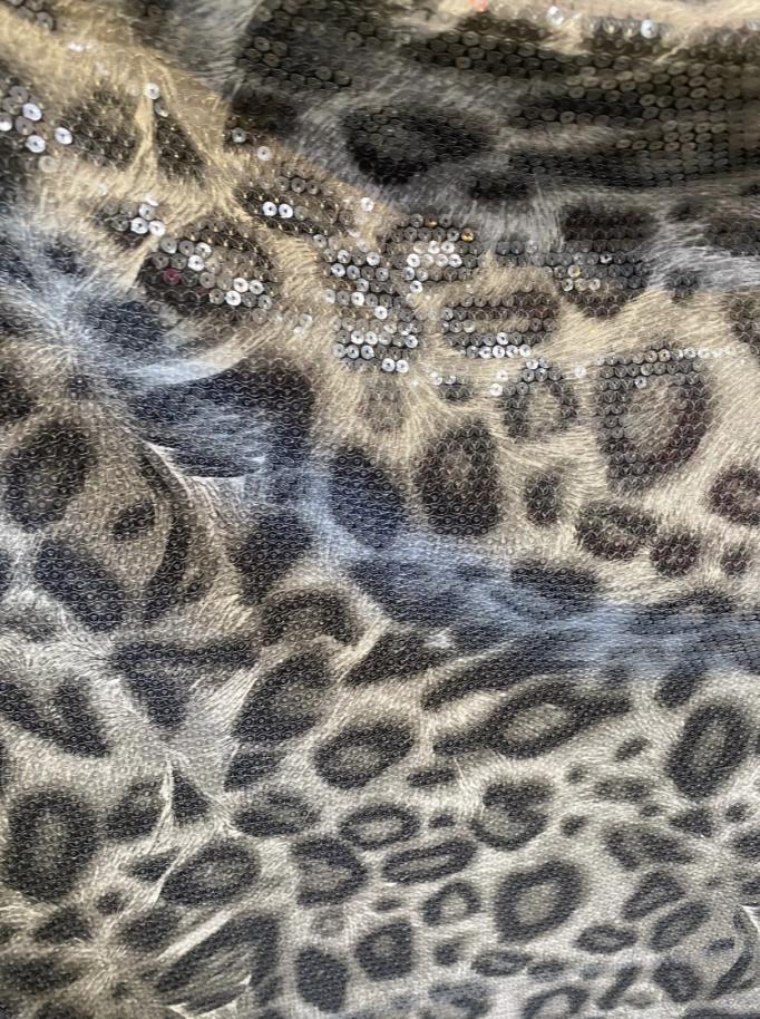New Exotic leopard design with clear sequins all over nylon base 2-way stretch 58/60” Sold by the YD. Ships worldwide from Los Angeles cali