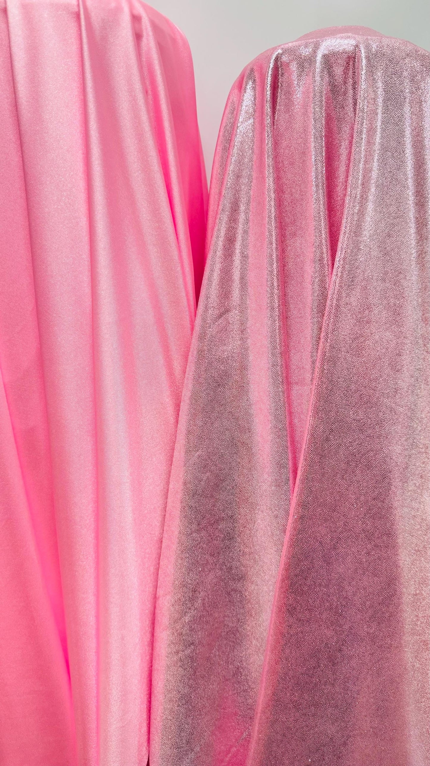 New foggy foil metallic spandex pink/pink color and Bubblegum pink shiny tricot nylon spandex 4way Stretch 58/60" Sold by the YD.