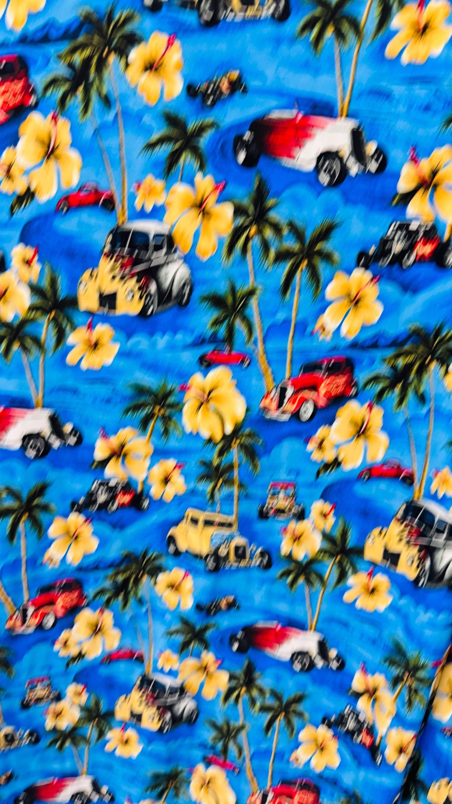 New palms trees and flames cars design print on nylon spandex 4-way stretch 58/60” Sold by the YD. Ships worldwide from Los Angeles CA