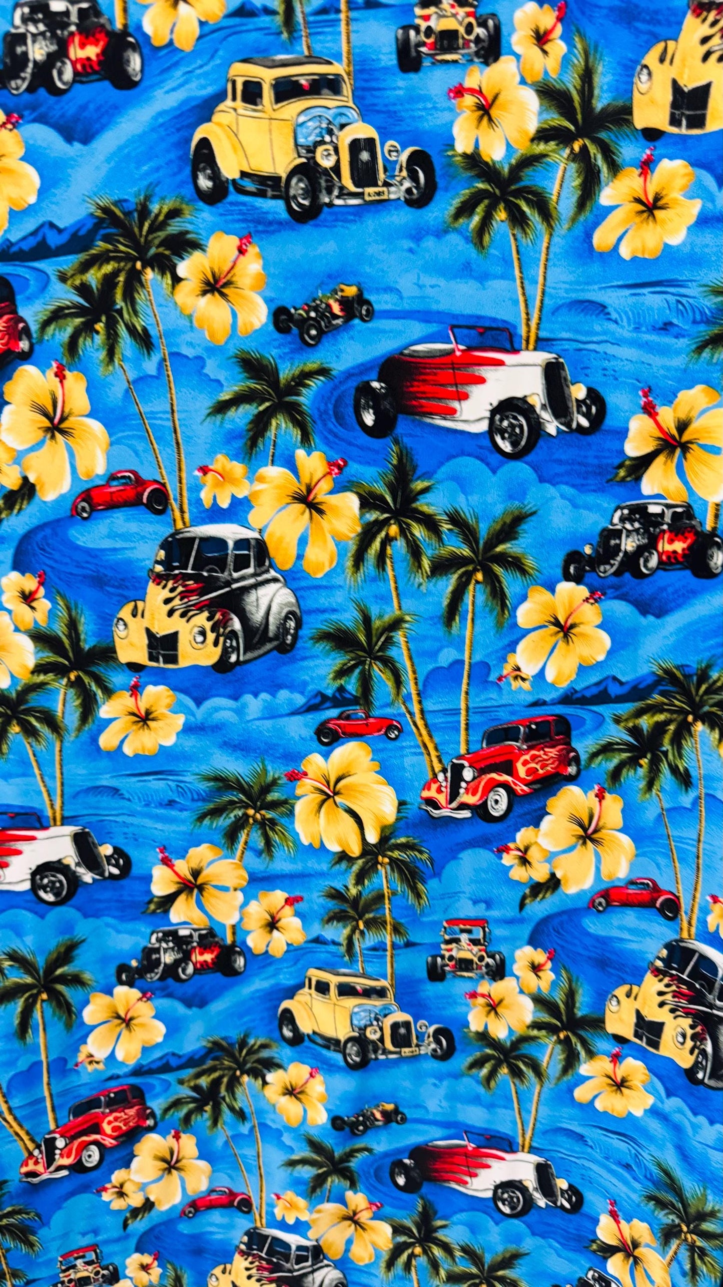 New palms trees and flames cars design print on nylon spandex 4-way stretch 58/60” Sold by the YD. Ships worldwide from Los Angeles CA