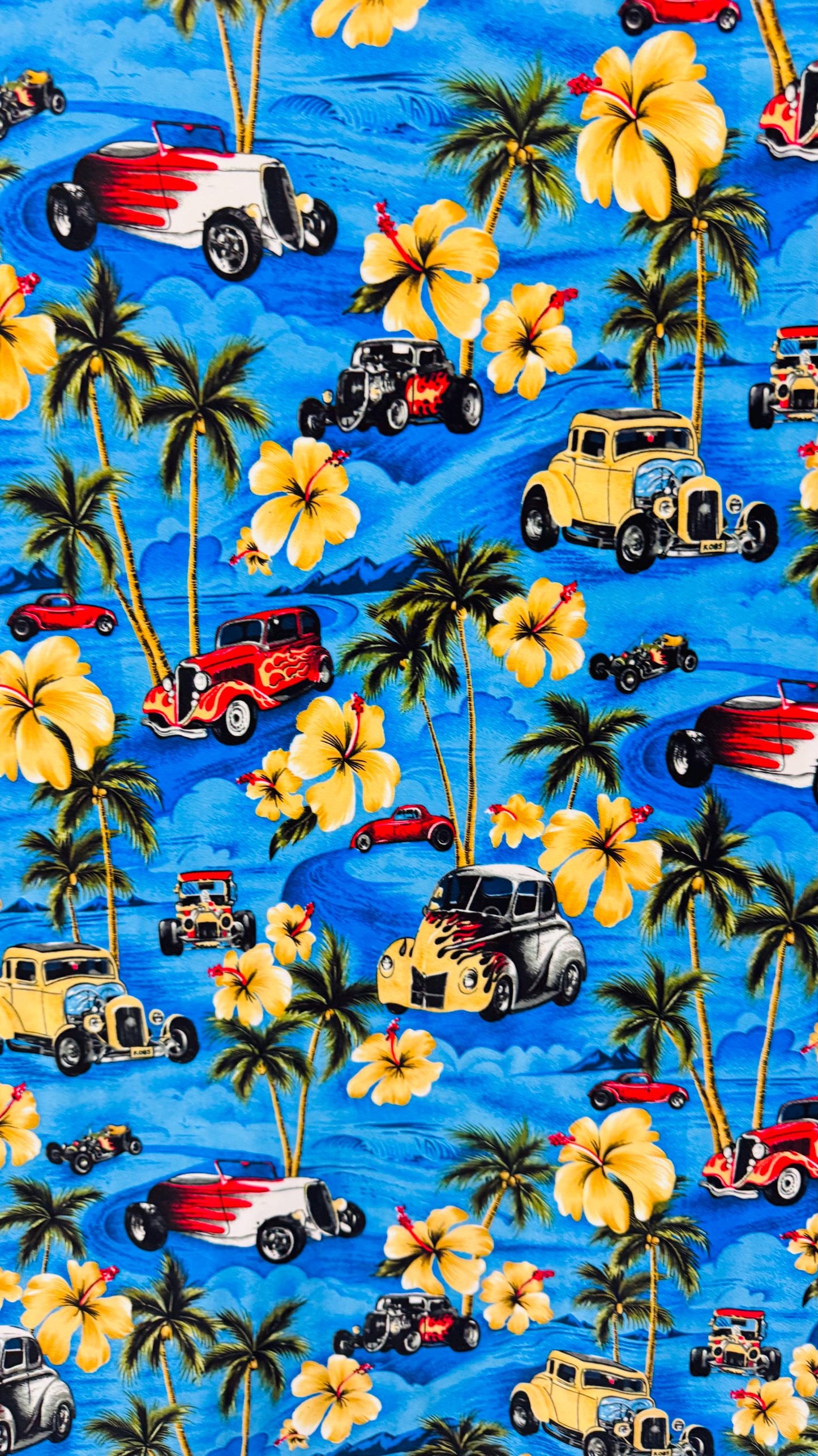 New palms trees and flames cars design print on nylon spandex 4-way stretch 58/60” Sold by the YD. Ships worldwide from Los Angeles CA