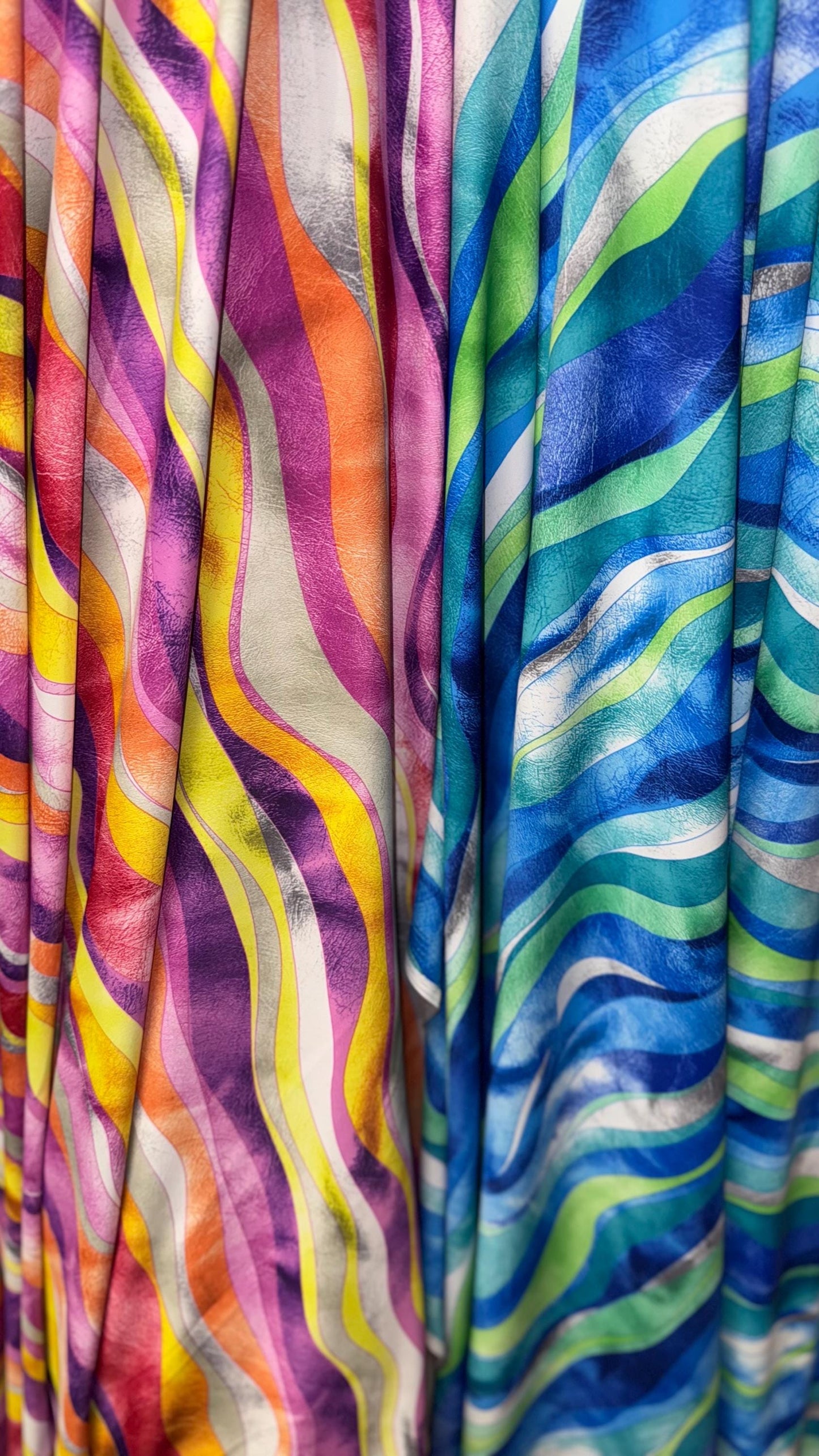 New abstract Wavy design print on great quality of Nylon spandex 4-way stretch 58/60” Sold by the YD. Ships worldwide from Los Angeles CA