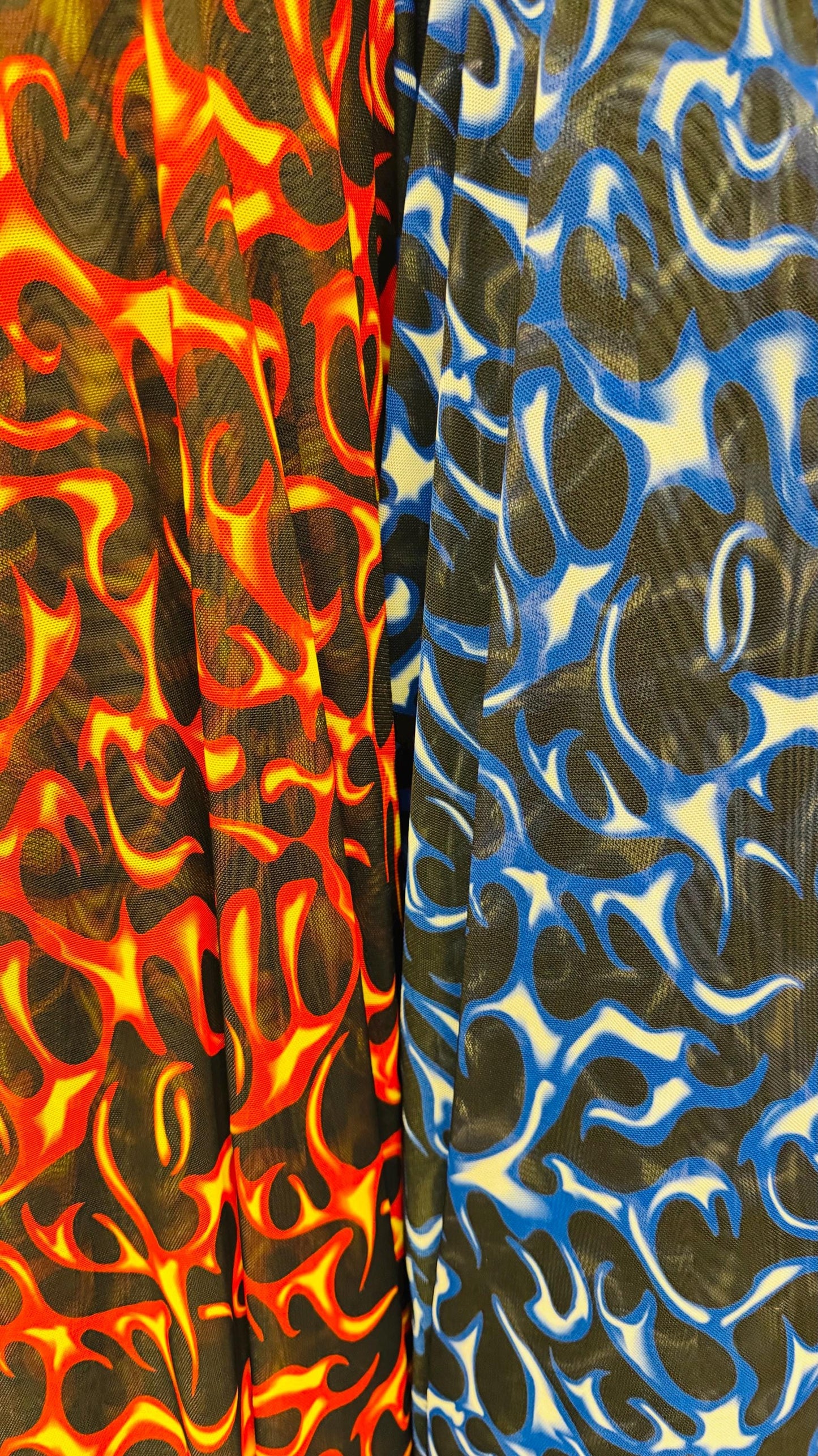 New modern fire flame design print on great quality of power mesh 4-way stretch 58/60” Sold by the YD. Ships Worldwide from Los Angeles CA.