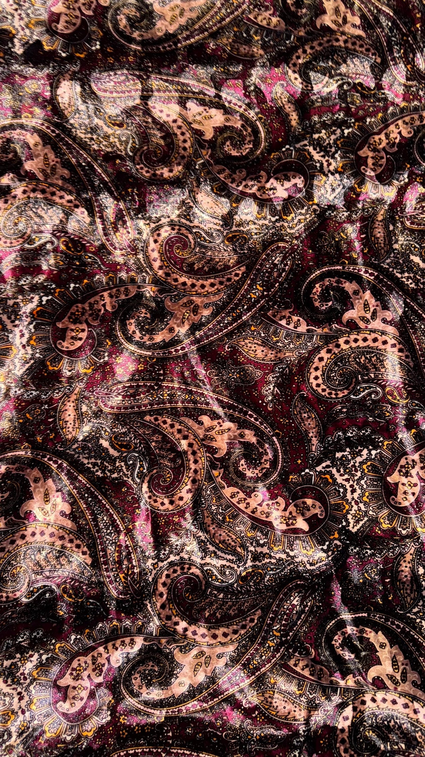 New Luxury Paisley design print on Stretch velvet peacock green and Blush red colors 4-way stretch 58/60” Sold by the YD. Ships Worldwide